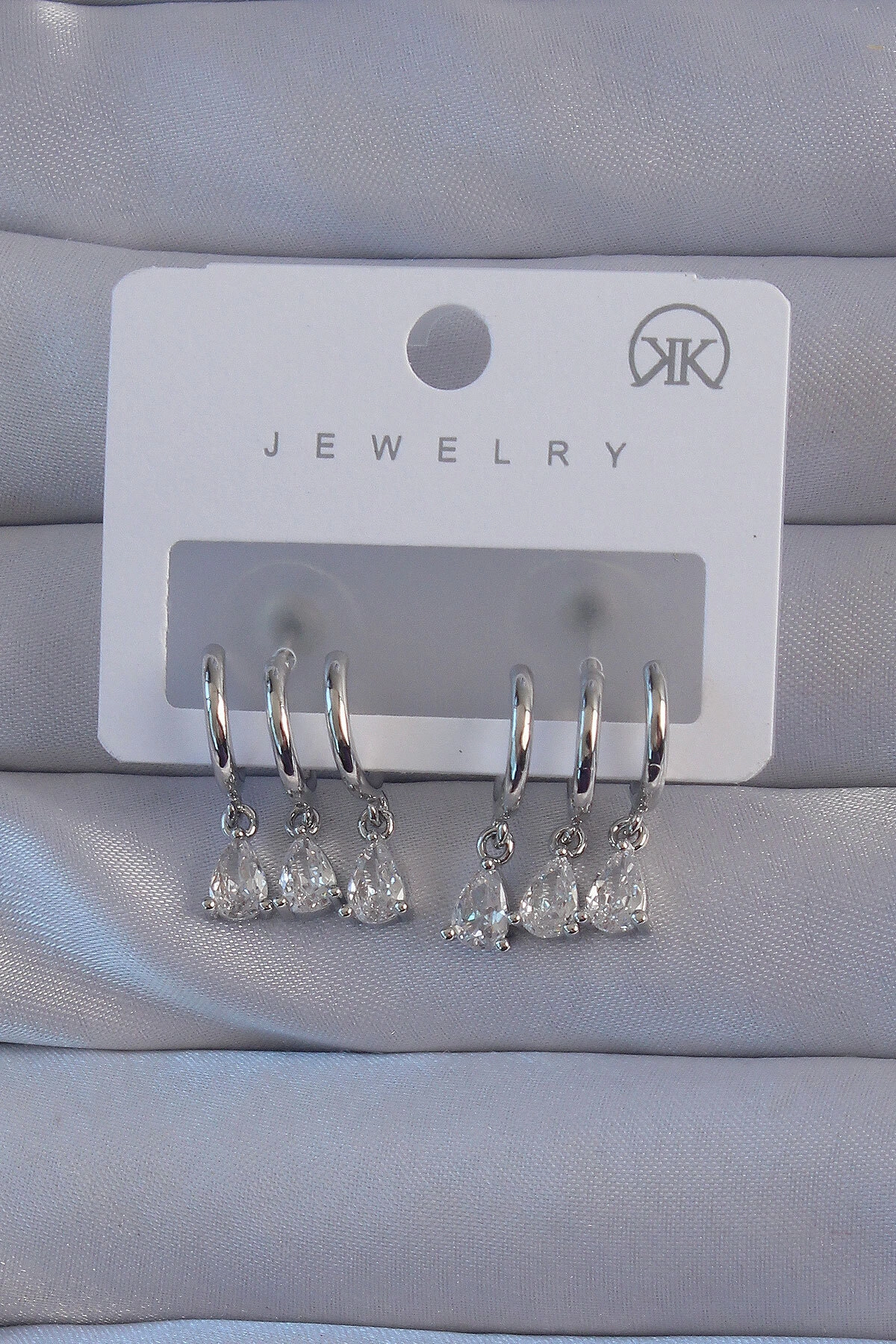 Pirinç Gümüş Renk Zirkon Taşlı Damla Model Çoklu Görünüm Halka Küpe-0