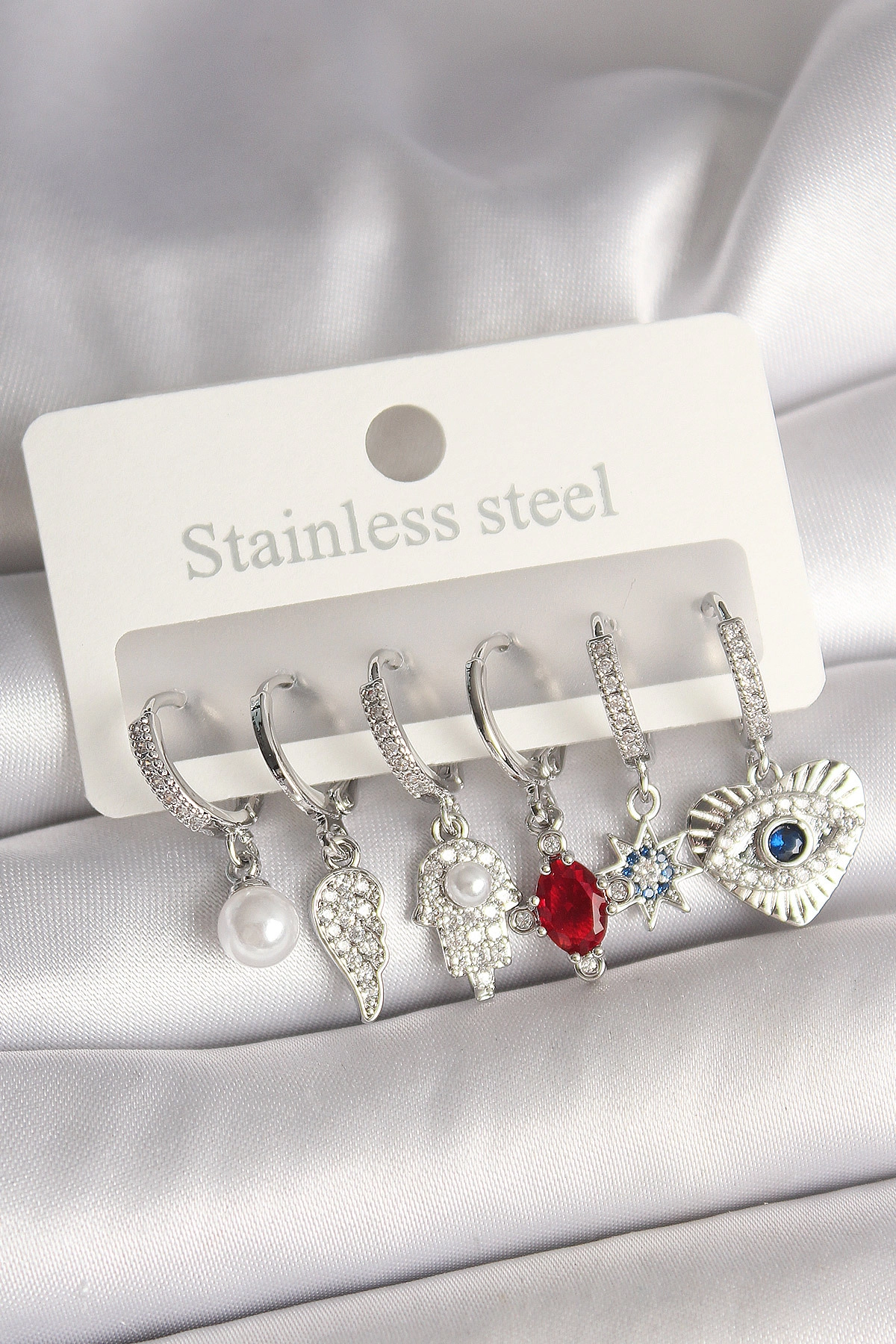 Pirinç Gümüş Renk Zirkon Taşlı Fatma Ana El Figür Kadın Küpe Seti-0