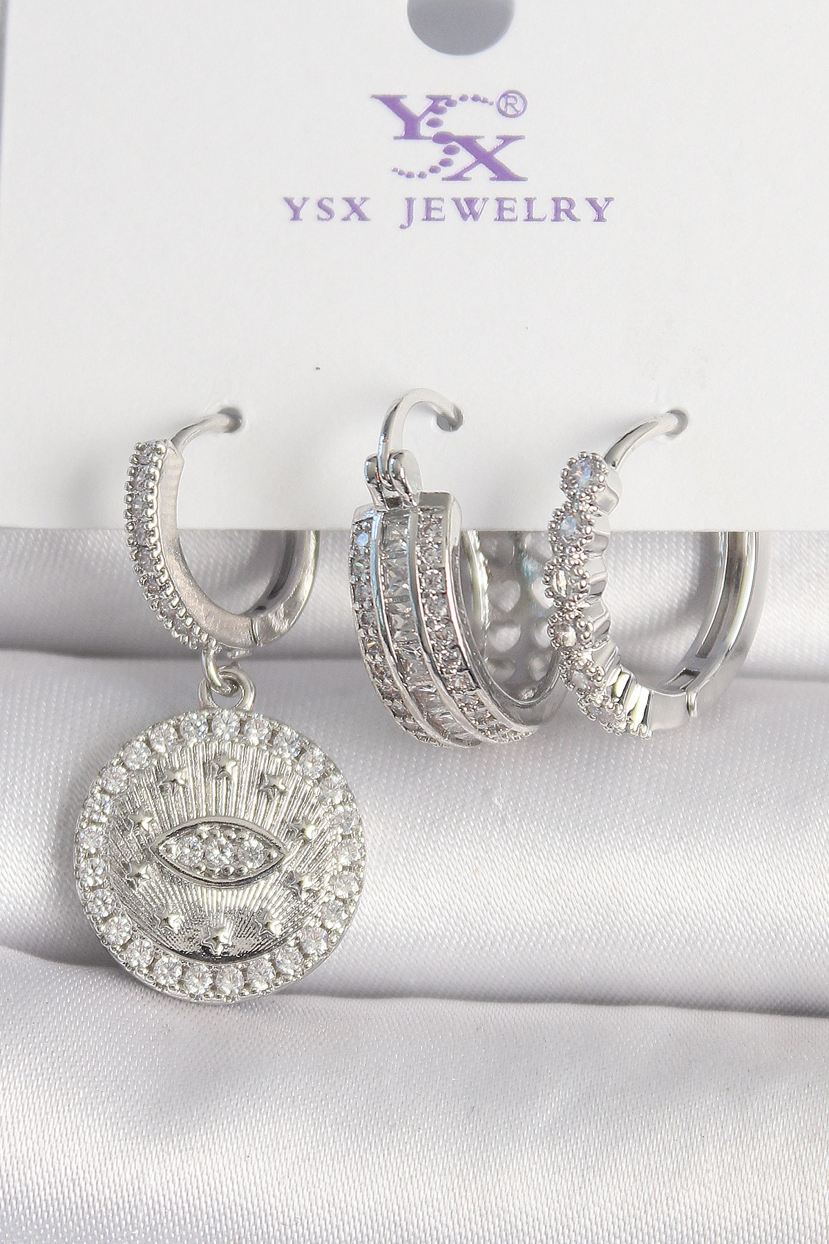 Pirinç Gümüş Renk Zirkon Taşlı Göz İşlemeli Halka Model 3'Lü Kadın Kombin Küpe-0