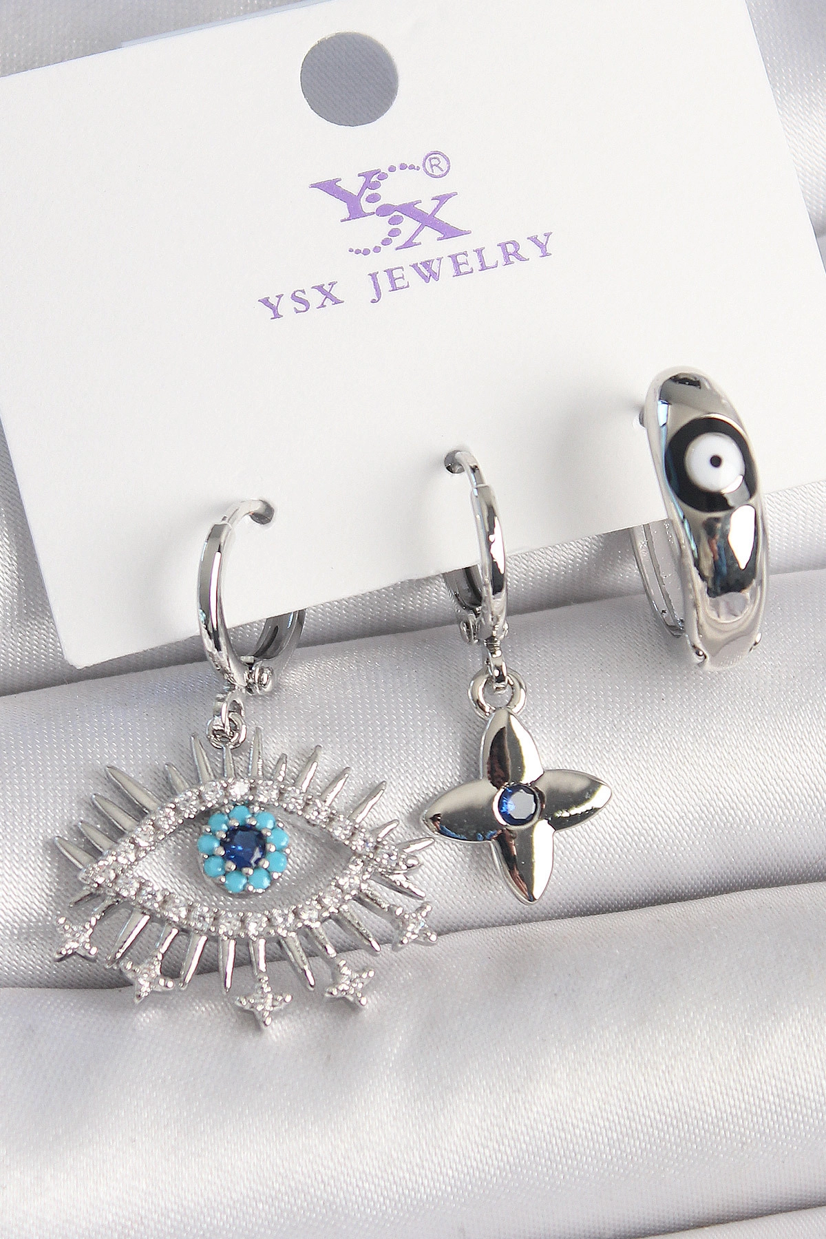 Pirinç Gümüş Renk Zirkon Taşlı Göz Model Nazar Boncuk Detay 3'Lü Kadın Kombin Küpe-0