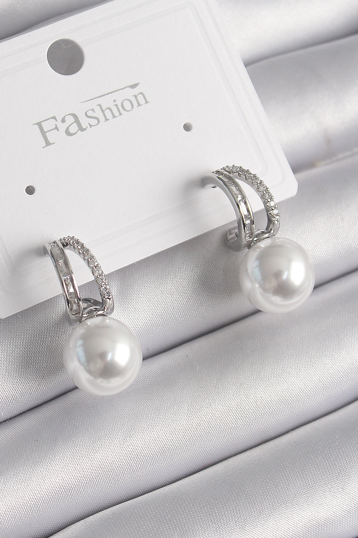 Pirinç Gümüş Renk Zirkon Taşlı Halka İnci Detay Kadın Küpe-0