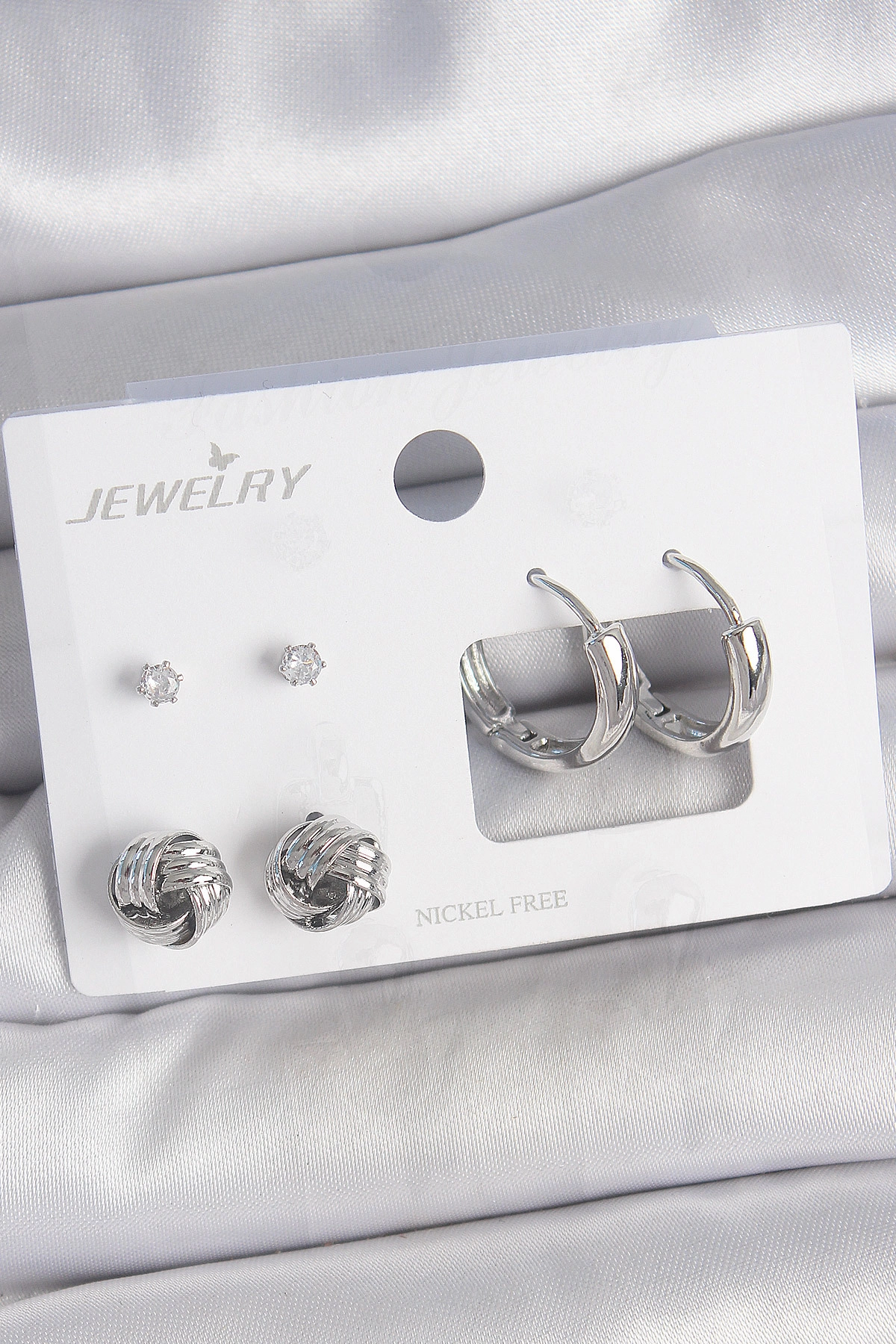 Pirinç Gümüş Renk Zirkon Taşlı Halka Model 3 Çift Kadın Küpe Seti-0