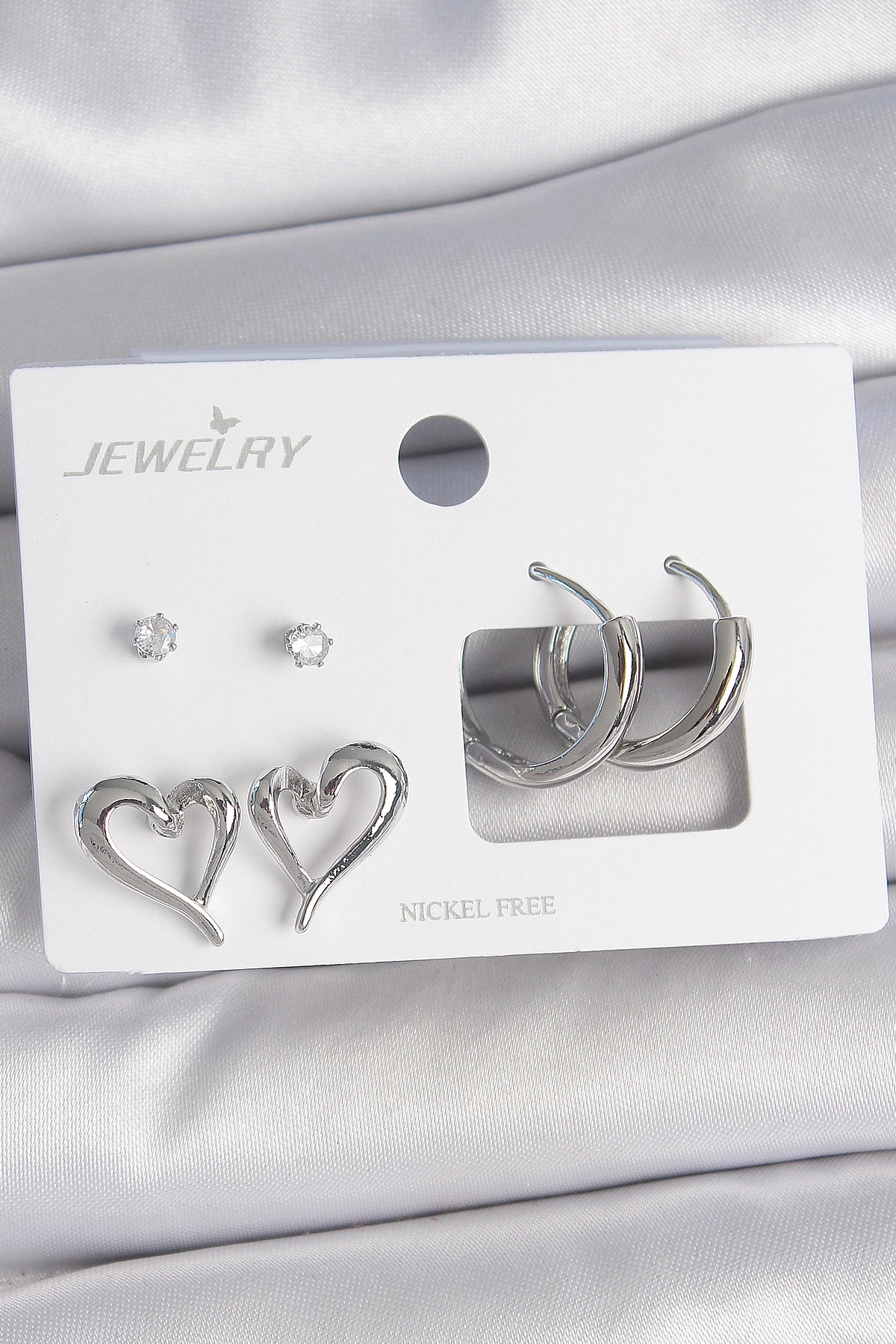 Pirinç Gümüş Renk Zirkon Taşlı Halka Model Kalp Detay 3 Çift Kadın Küpe Seti-0