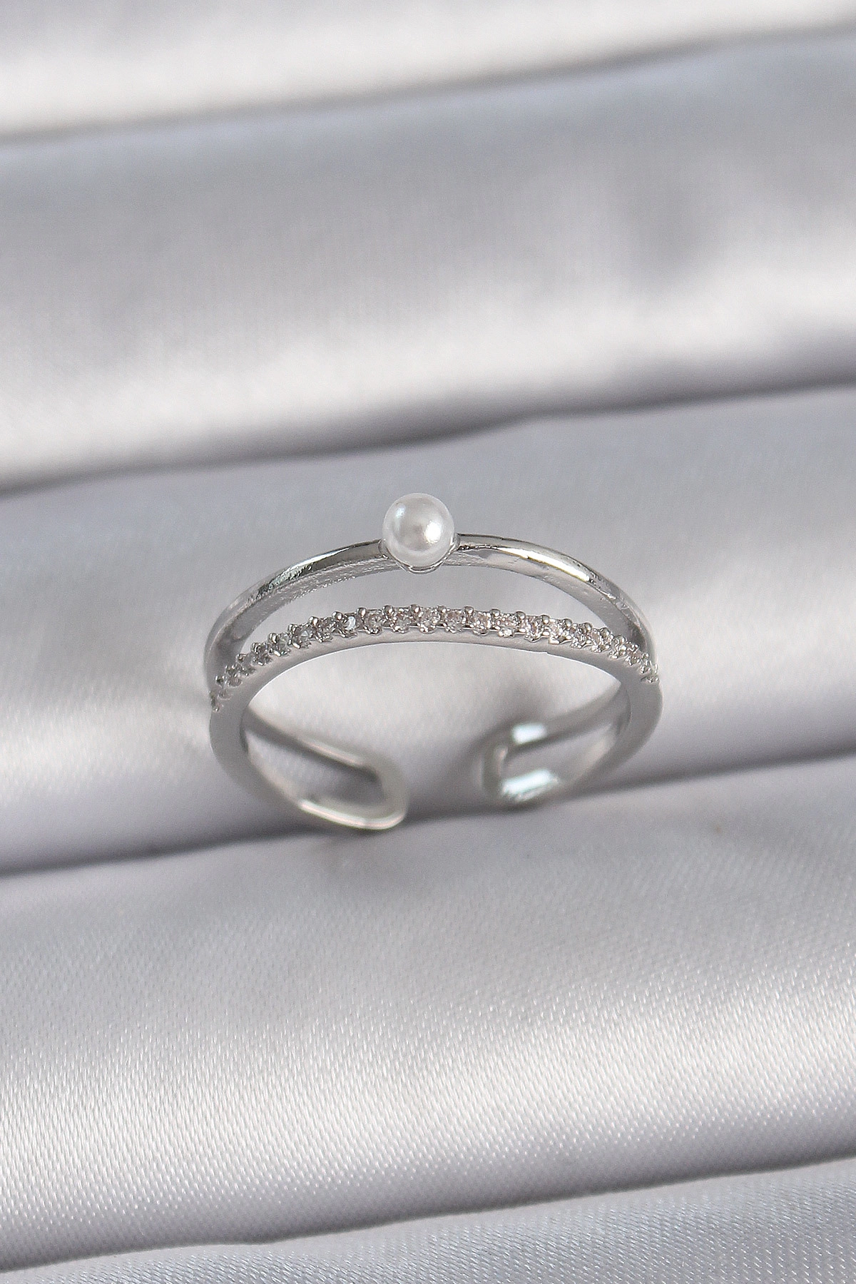 Pirinç Gümüş Renk Zirkon Taşlı İnci Detay Ayarlanabilir Model Kadın Yüzük-0