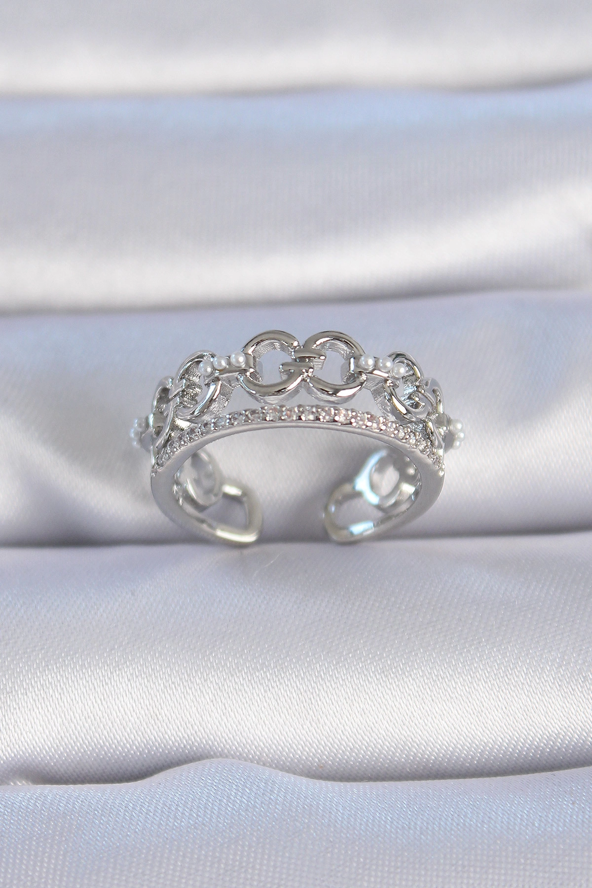 Pirinç Gümüş Renk Zirkon Taşlı İnci Detay Kadın Yüzük-0