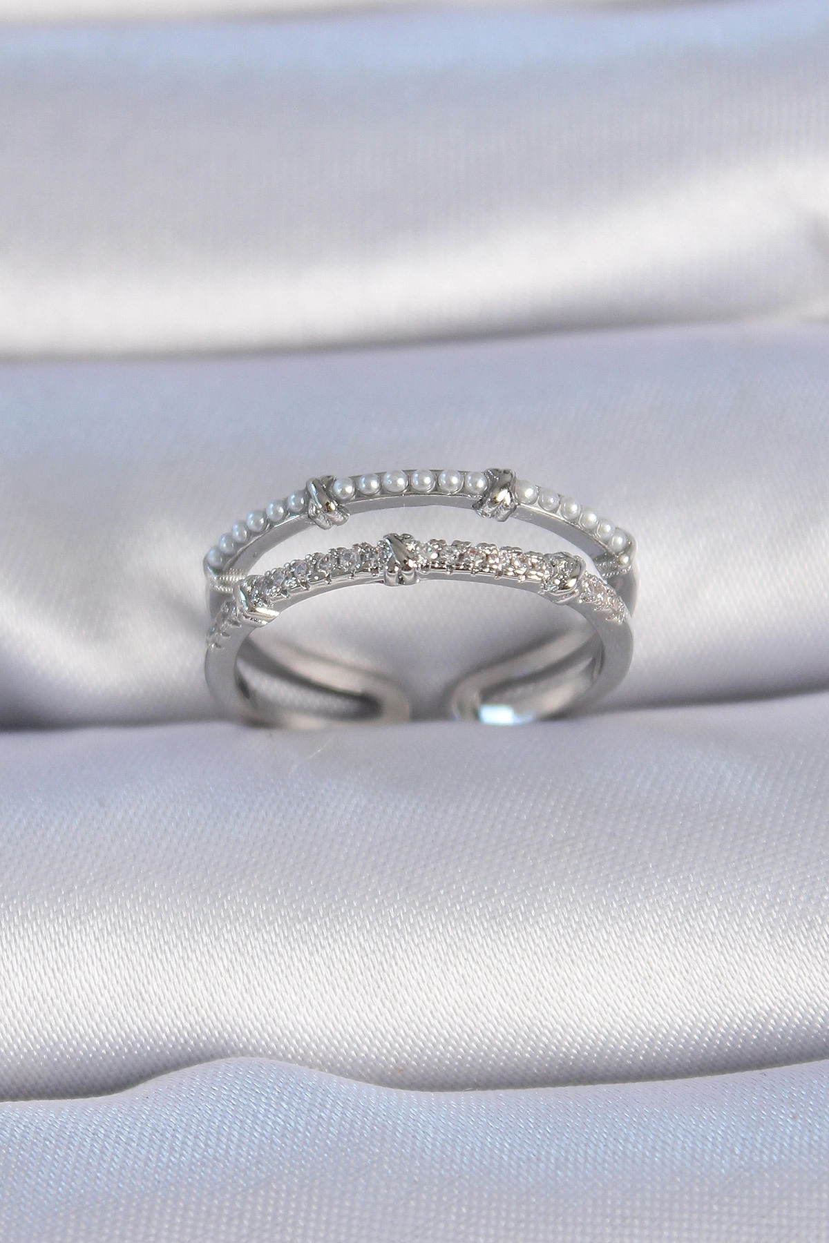 Pirinç Gümüş Renk Zirkon Taşlı İnci Detay Kadın Yüzük-0