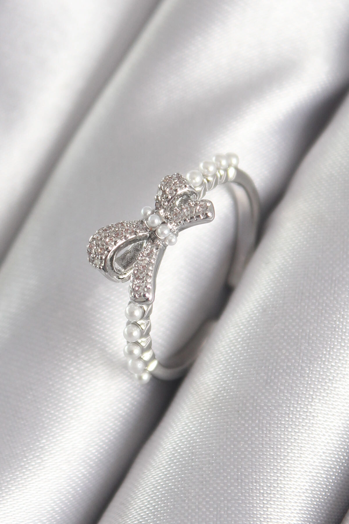 Pirinç Gümüş Renk Zirkon Taşlı İnci Detay Kadın Yüzük-0