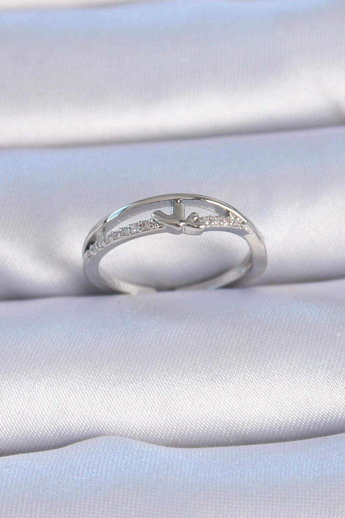 Pirinç Gümüş Renk Zirkon Taşlı Kalp Model Kadın Yüzük-0