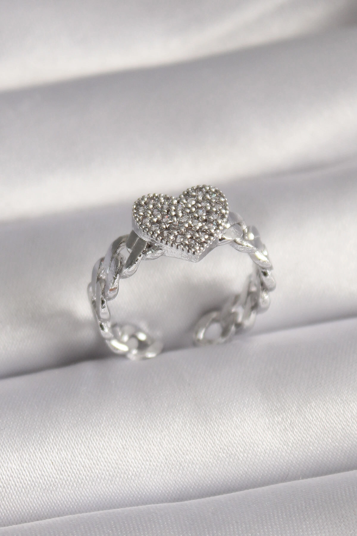 Pirinç Gümüş Renk Zirkon Taşlı Kalp Model Kadın Yüzük-0