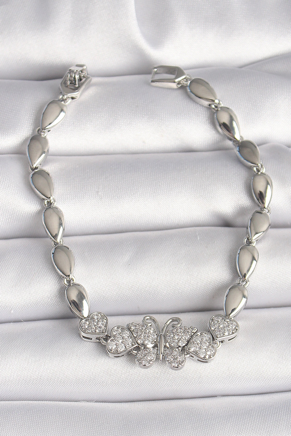 Pirinç Gümüş Renk Zirkon Taşlı Kelebek Figür Damla Zincir Model Kadın Bileklik-0