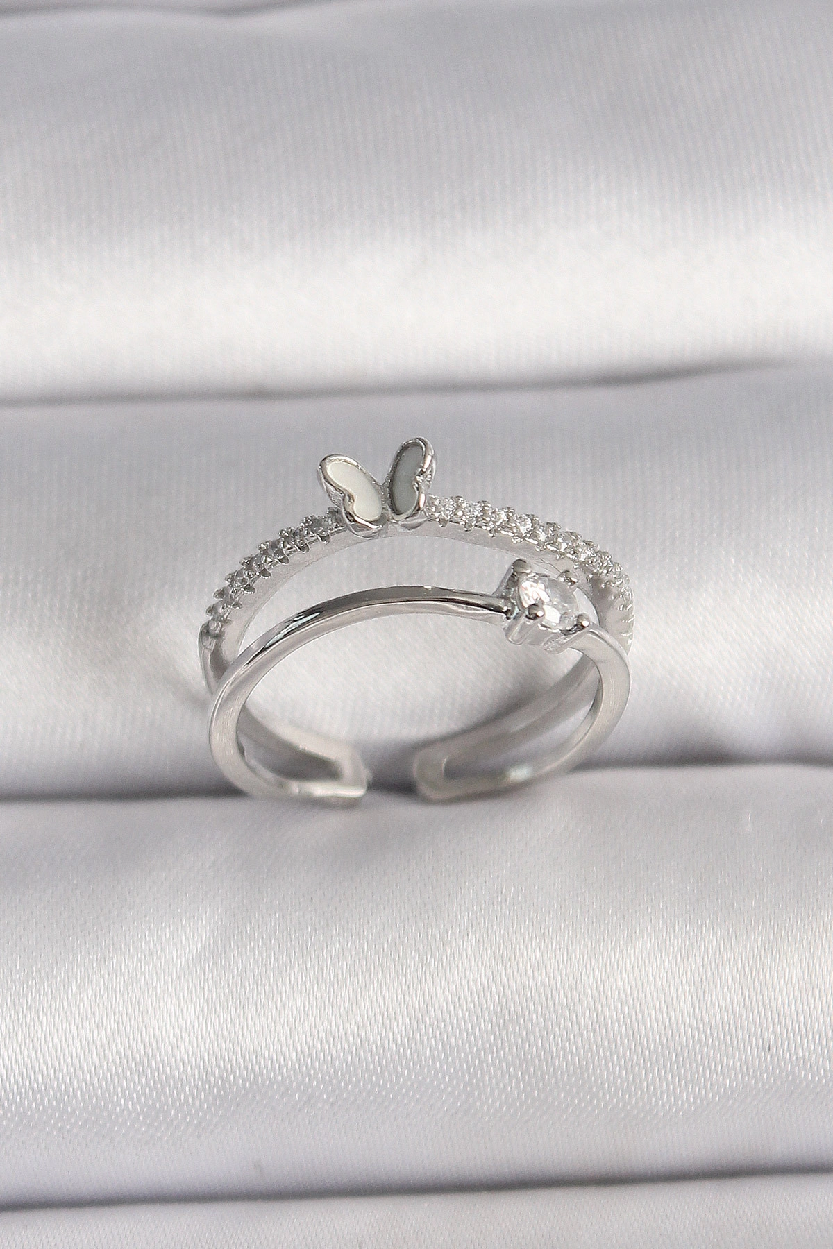 Pirinç Gümüş Renk Zirkon Taşlı Kelebek Figürlü Ayarlanabilir Yüzük-0