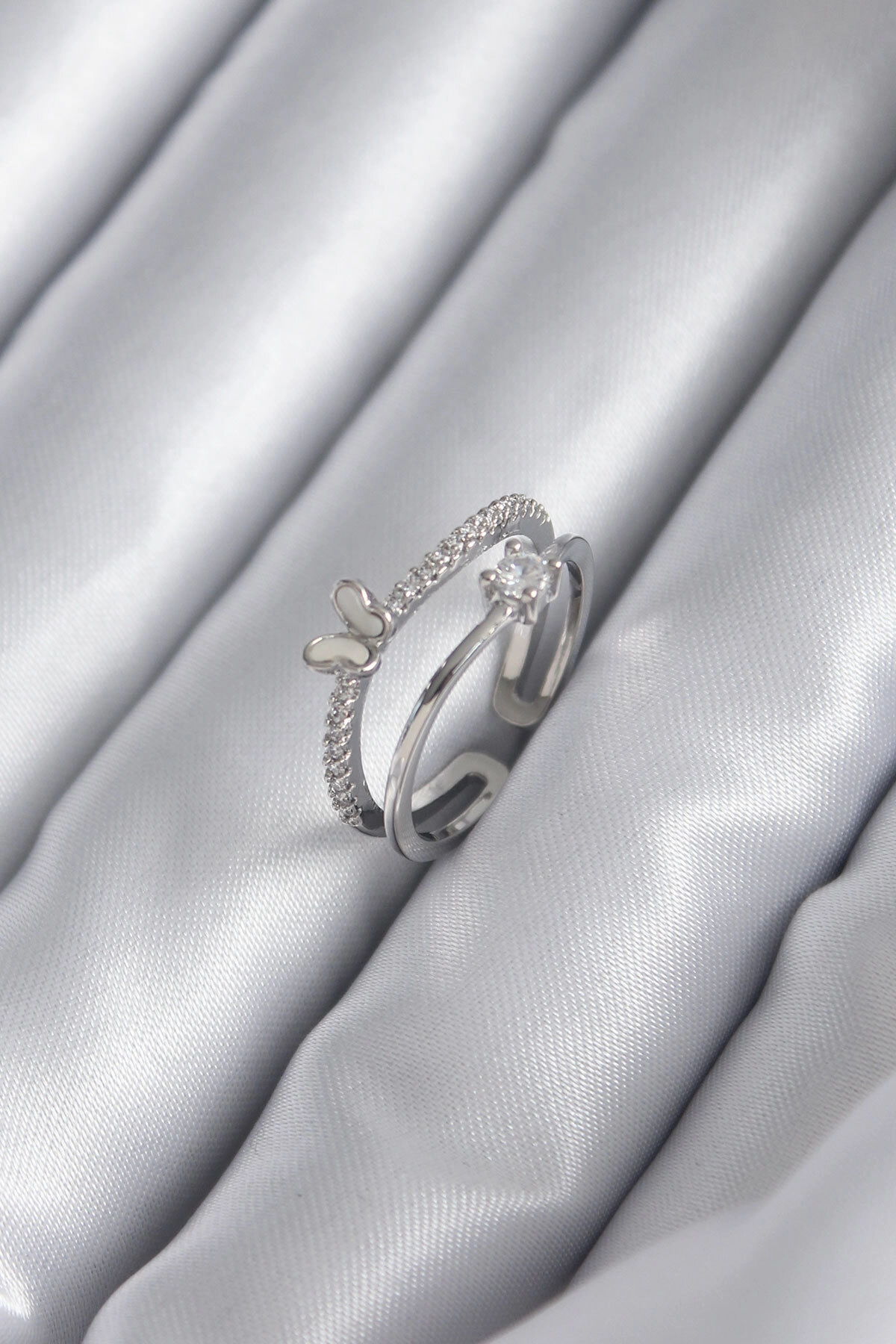 Pirinç Gümüş Renk Zirkon Taşlı Kelebek Model Kadın Yüzük-0