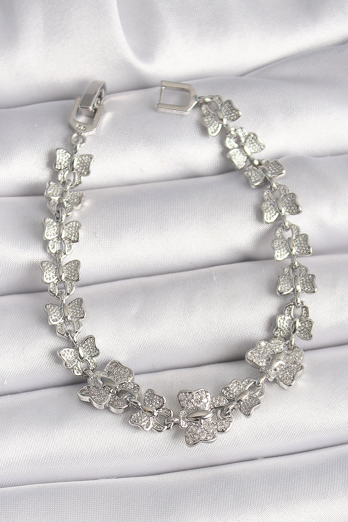 Pirinç Gümüş Renk Zirkon Taşlı Kelebek Model Zincir Kadın Bileklik-0