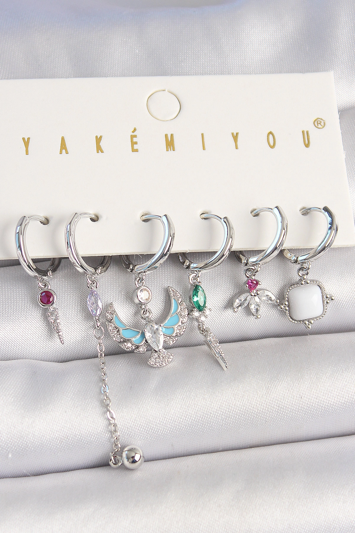 Pirinç Gümüş Renk Zirkon Taşlı Kuş Figür Çiçek Detay 6'Lı Kadın Kombin Küpe-0