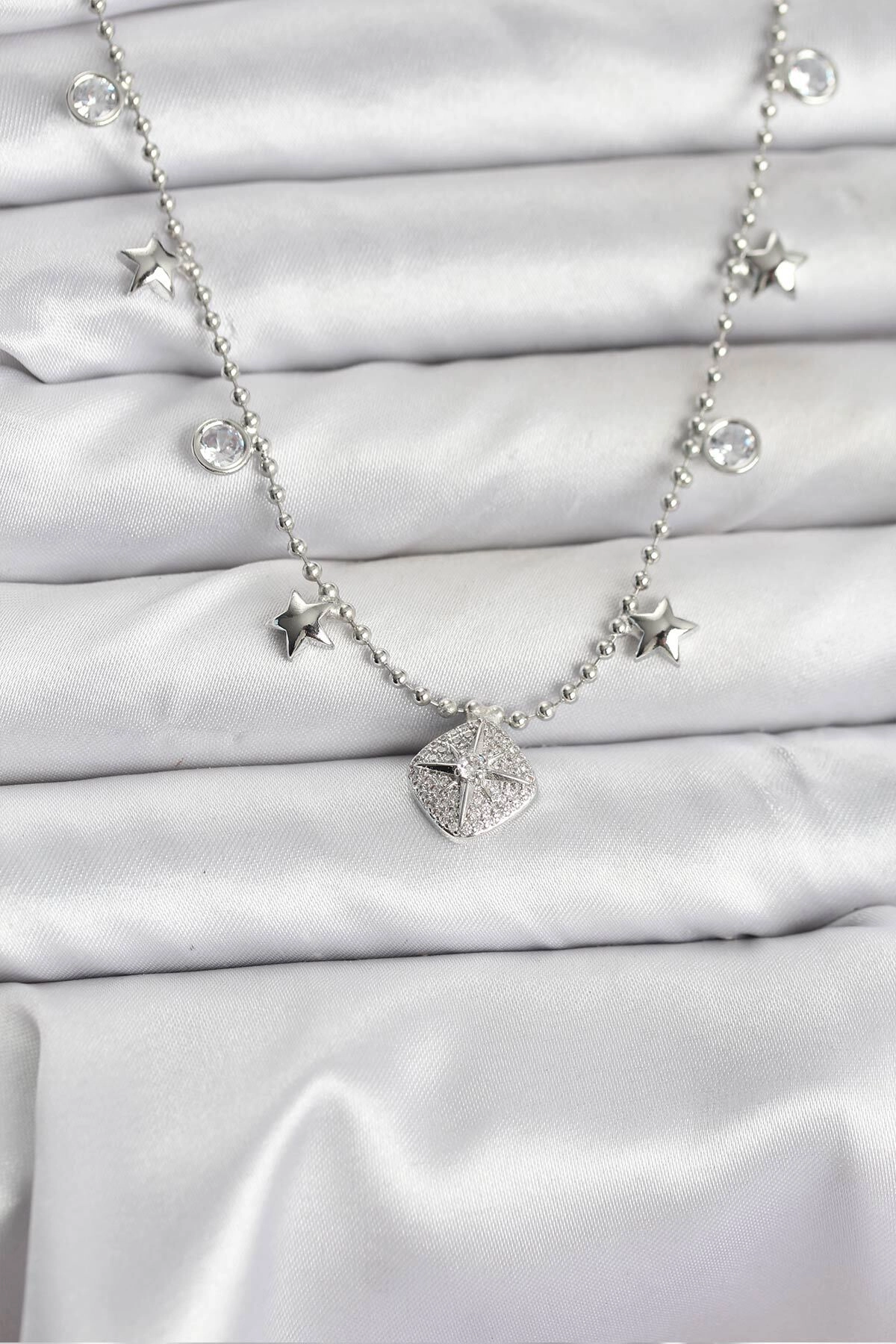 Pirinç Gümüş Renk Zirkon Taşlı Kutup Yıldızı Model Kadın Kolye-0