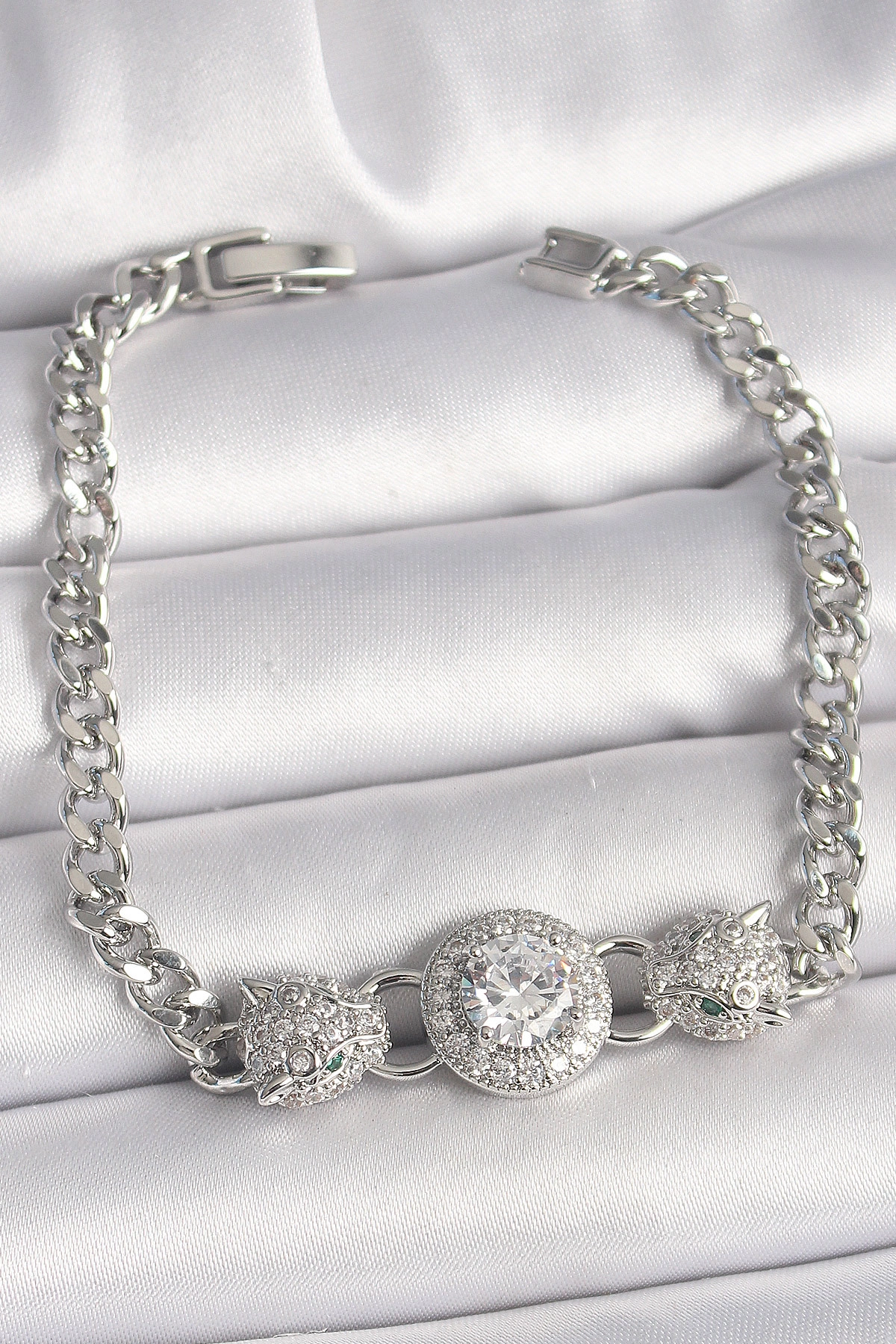 Pirinç Gümüş Renk Zirkon Taşlı Leopar Figür Zincir Model Kadın Bileklik-0