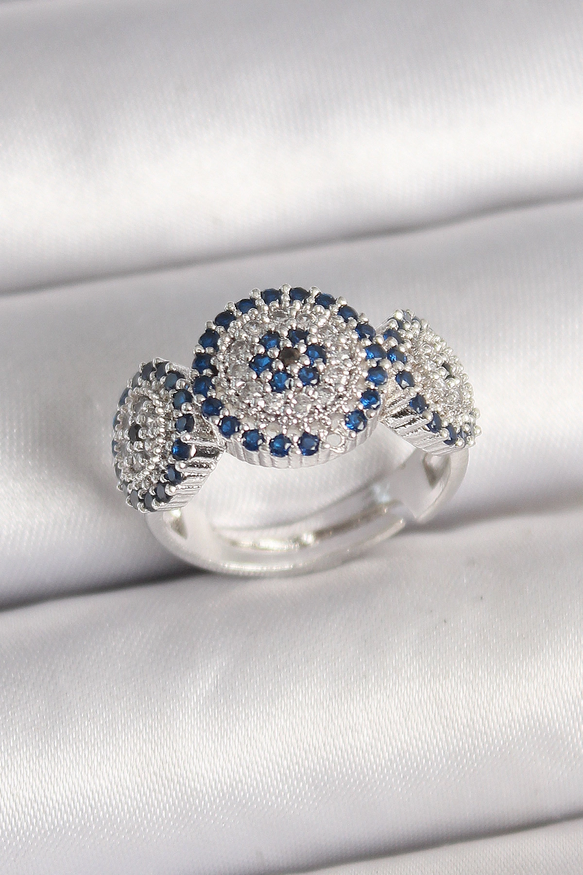 Pirinç Gümüş Renk Zirkon Taşlı Nazar Boncuk Model Ayarlanabilir Kadın Yüzük-0