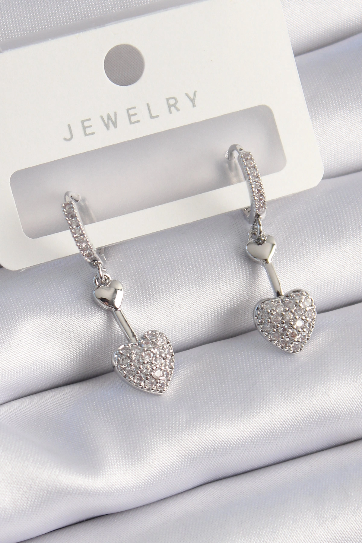 Pirinç Gümüş Renk Zirkon Taşlı Sallantı Kalp Model Kadın Küpe-0