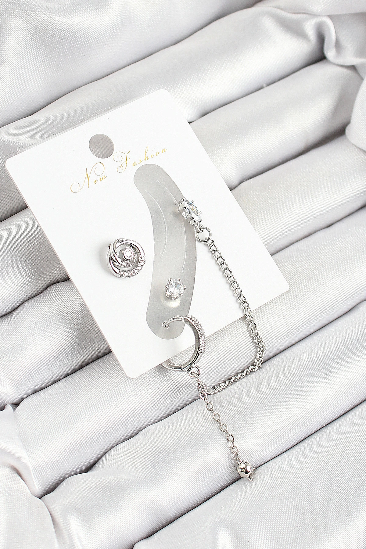 Pirinç Halka Figürlü Zirkon Taşlı Gümüş Renk 3'lü Kıkırdak Kadın Küpe Set-0