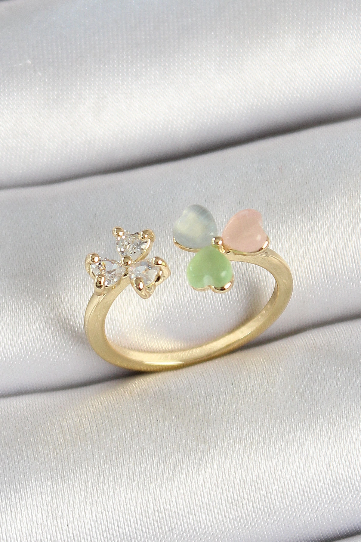 Pirinç Kalp Figürlü Zirkon Taşlı Gold Renk Ayarlanabilir Kadın Yüzük-0