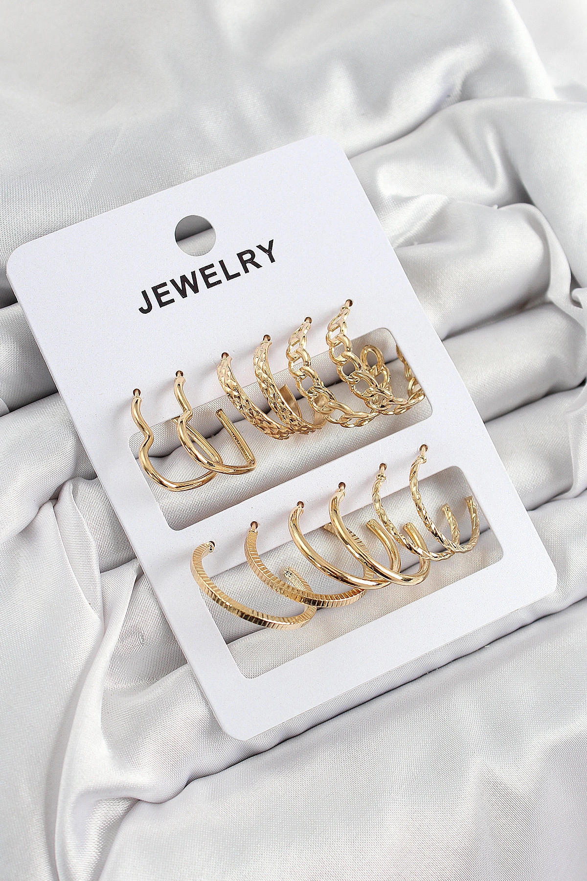 Pirinç Karışık Halka Model Gold Renk 6 Çift Kadın Küpe Set-0