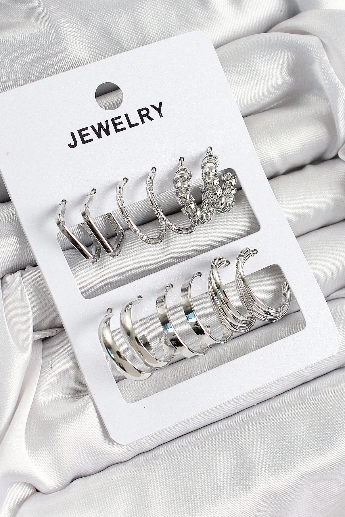 Pirinç Karışık Halka Model Gümüş Renk 6 Çift Kadın Küpe Set-0