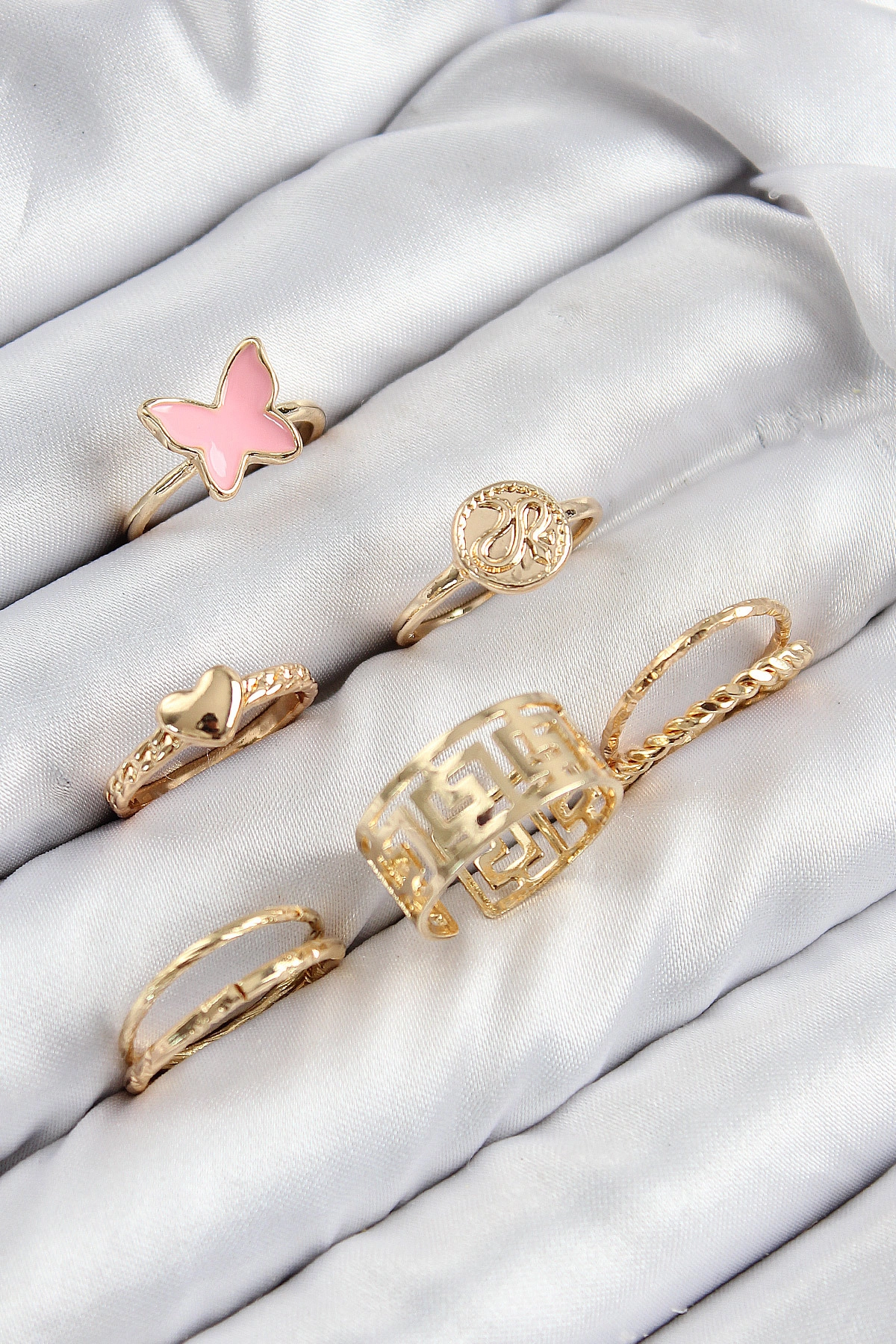 Pirinç Kelebek Ve Kalp Model Gold Renk Kadın Yüzük Kombin Set-0