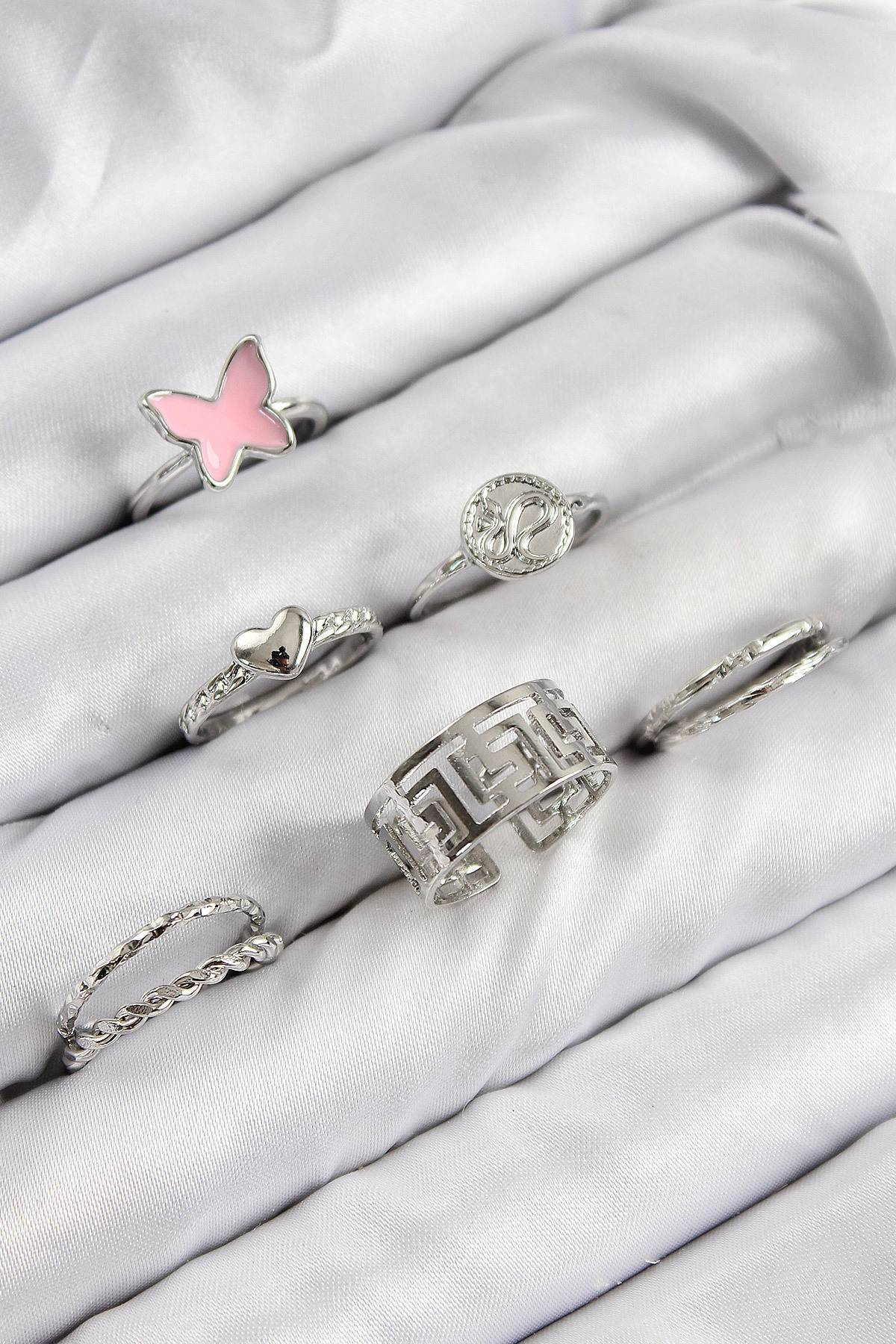 Pirinç Kelebek Ve Kalp Model Gümüş Renk Kadın Yüzük Kombin Set-0