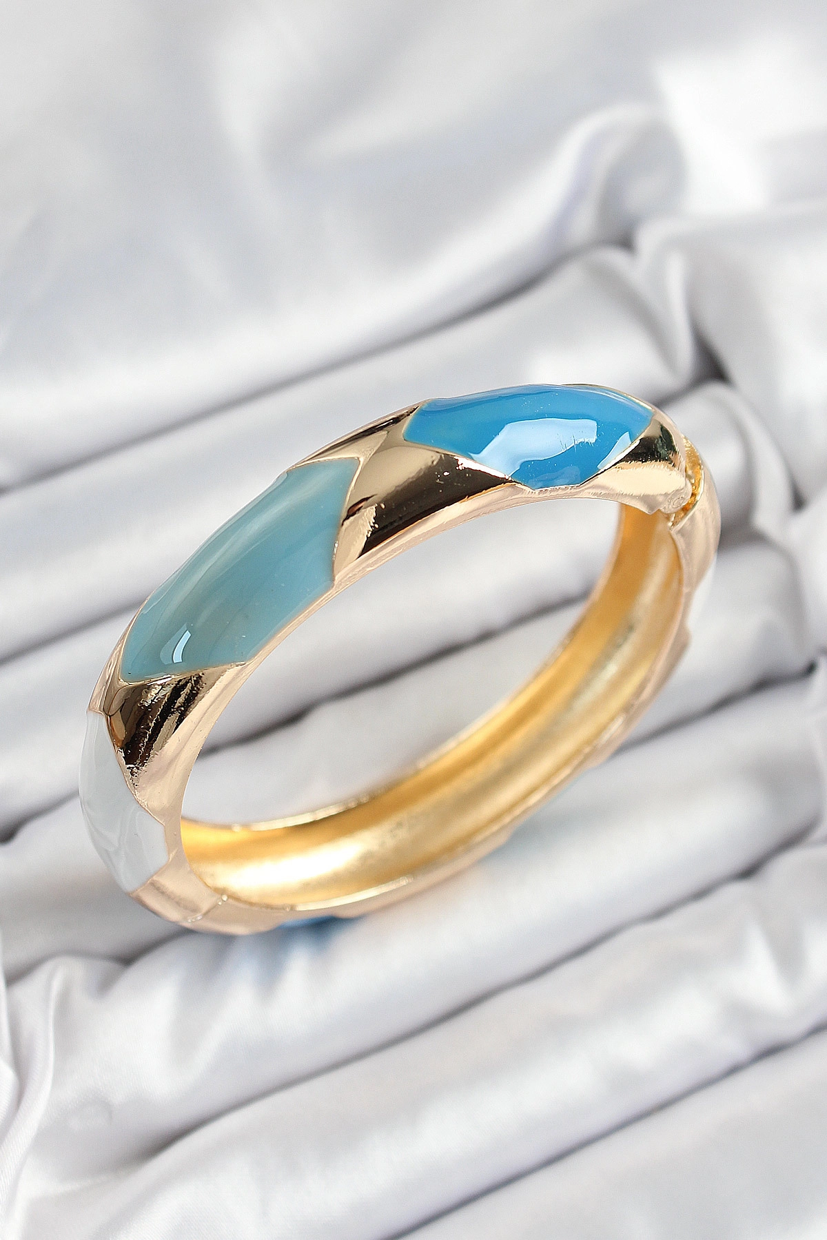 Pirinç Mavi Beyaz Mineli Baklava Model Gold Renk Kadın Kelepçe-0