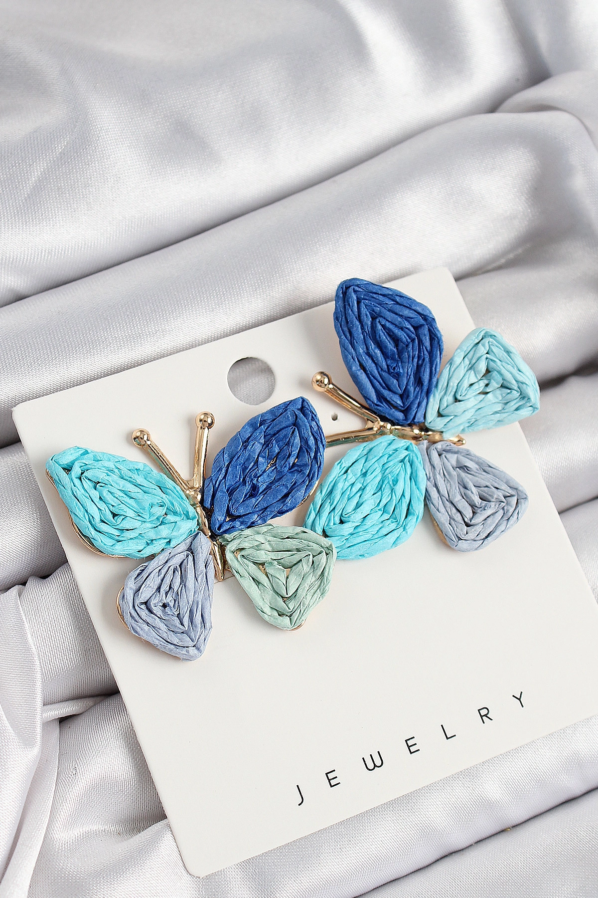 Pirinç Mavi Kelebek Model Gold Renk Kadın Hasır Küpe-0