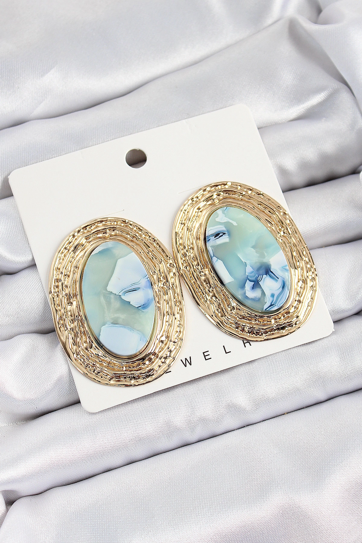 Pirinç Mermer Desenlli Mavi Oval Vintage Model Gold Renk Kadın Küpe-0