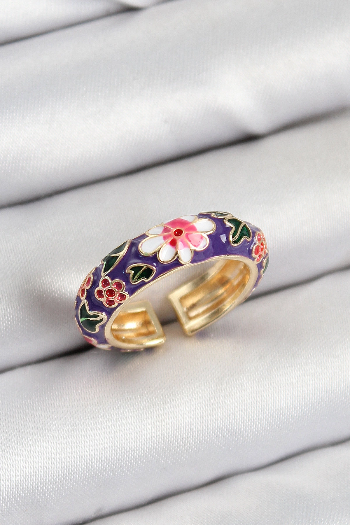 Pirinç Mor Mineli Çiçek Motifli Gold Renk Ayarlanabilir Kadın Yüzük-0
