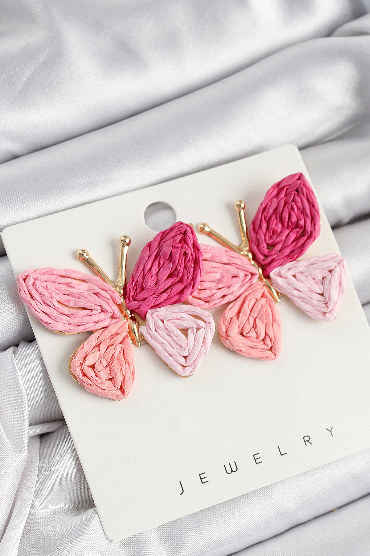 Pirinç Pembe Kelebek Model Gold Renk Kadın Hasır Küpe-0