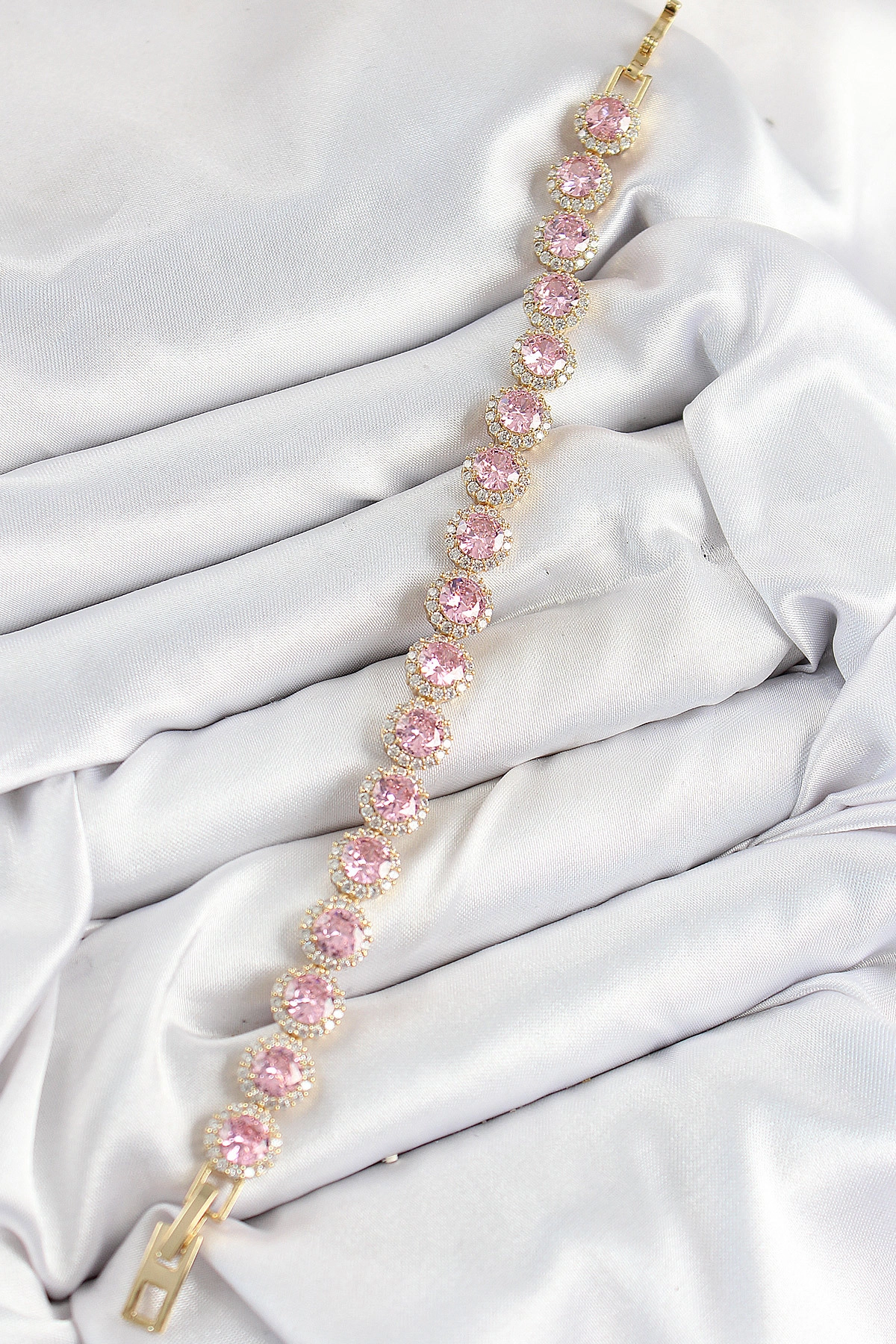 Pirinç Pembe Zirkon Taşlı Daire Baget Model Gold Renk VIP Seri Kadın Bileklik-1