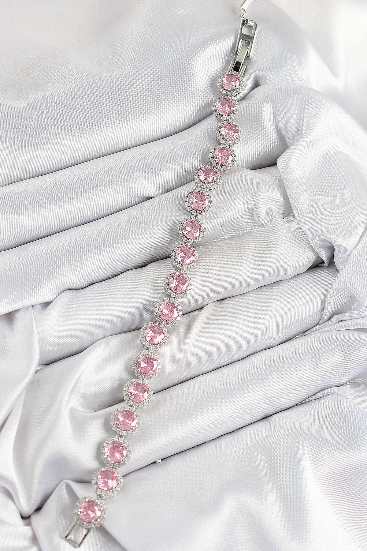 Pirinç Pembe Zirkon Taşlı Daire Baget Model Gümüş Renk VIP Seri Kadın Bileklik-1