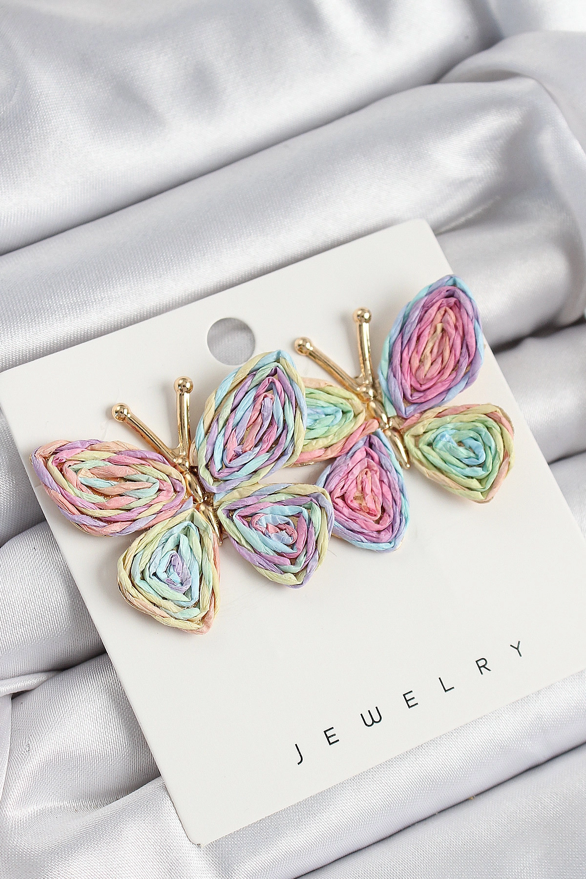 Pirinç Rainbow Kelebek Model Gold Renk Kadın Hasır Küpe-0