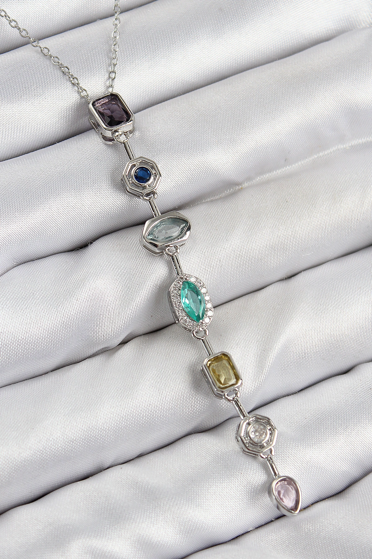 Pirinç Renkli Zirkon Taşlı Model Gümüş Renk Kadın Y Kolye-0