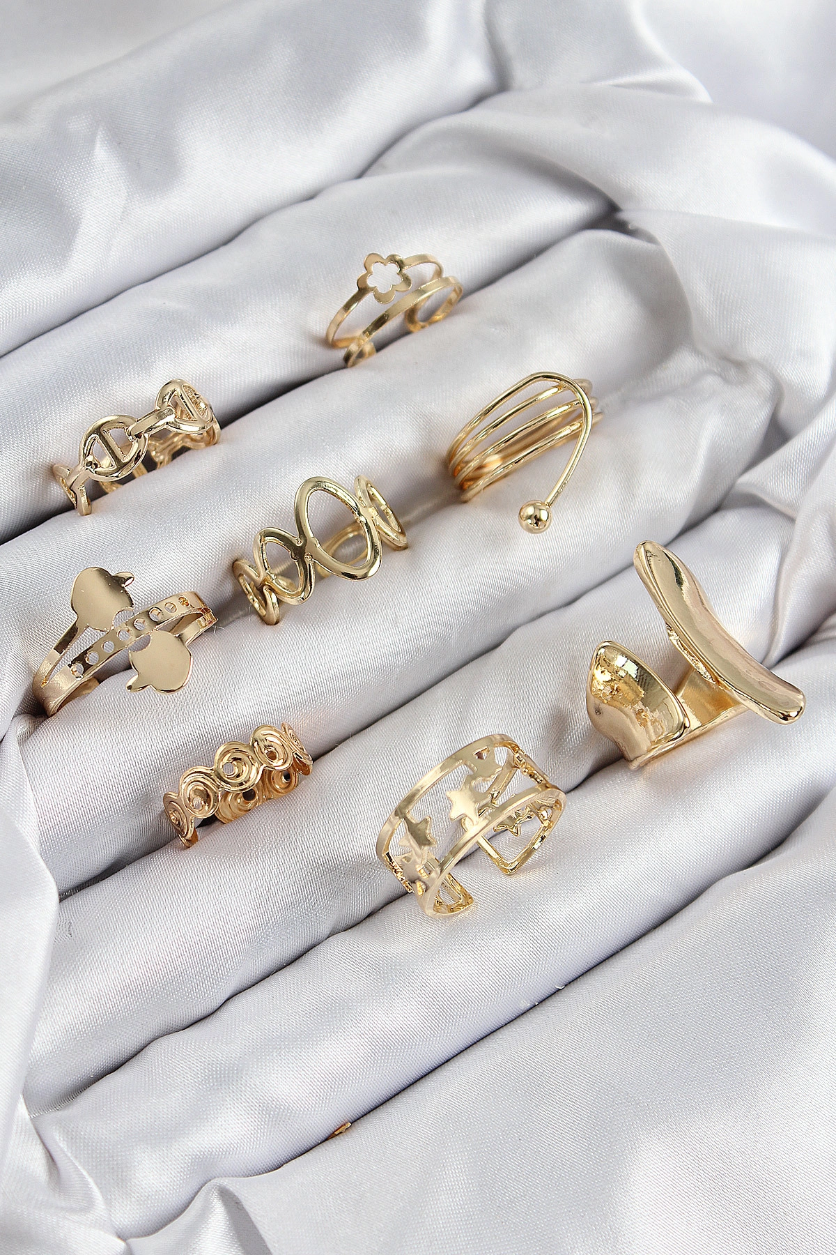 Pirinç Sarmal Ve Yıldız Model Gold Renk Kadın Yüzük Kombin Set-0