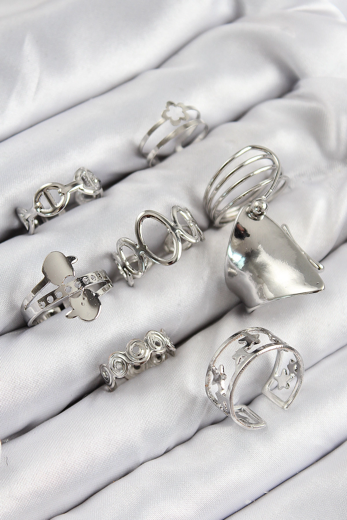 Pirinç Sarmal Ve Yıldız Model Gümüş Renk Kadın Yüzük Kombin Set-0