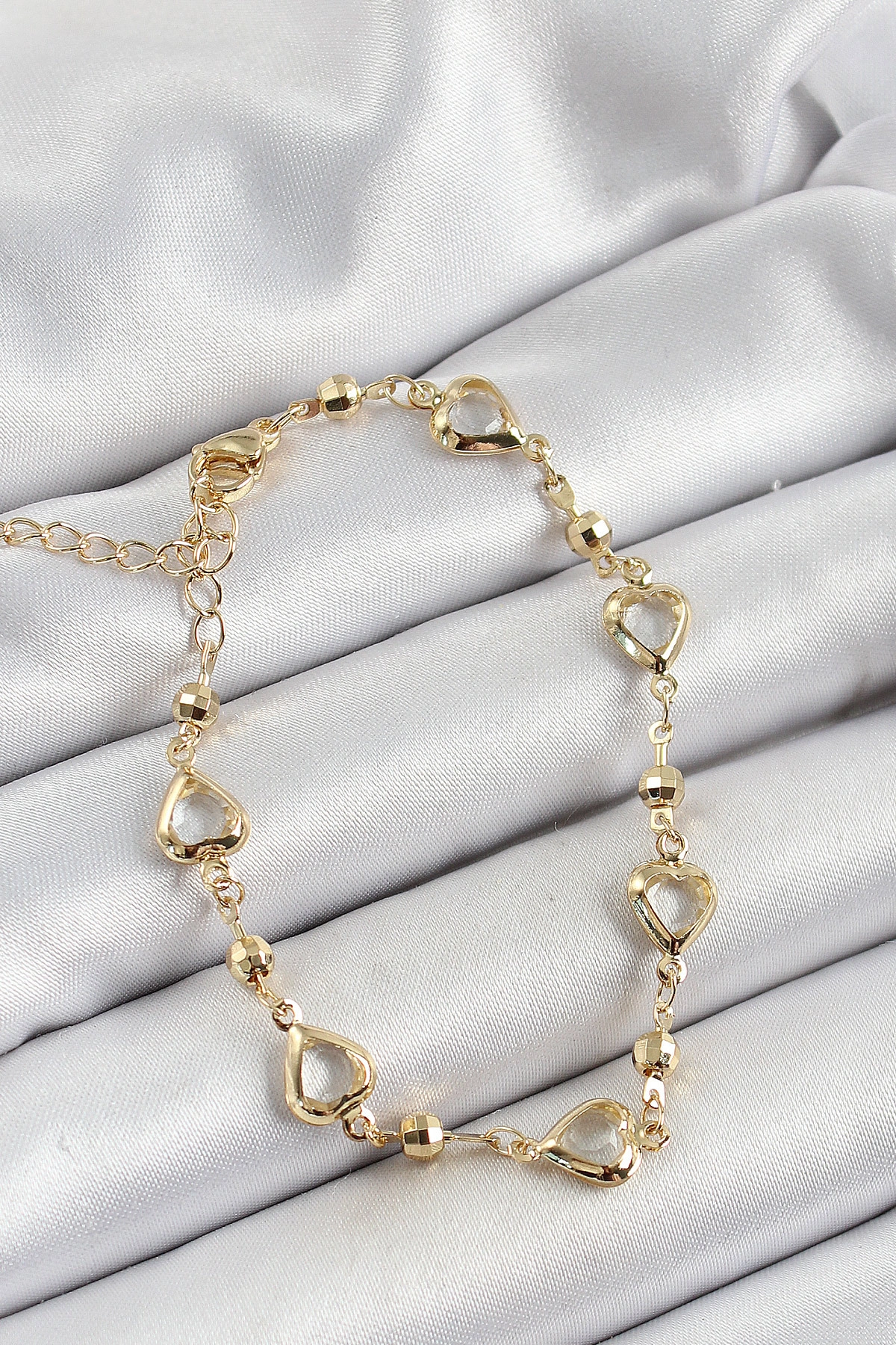 Pirinç Şeffaf Kalp Model Gold Renk Zirkon Taşlı Kadın Bileklik-0