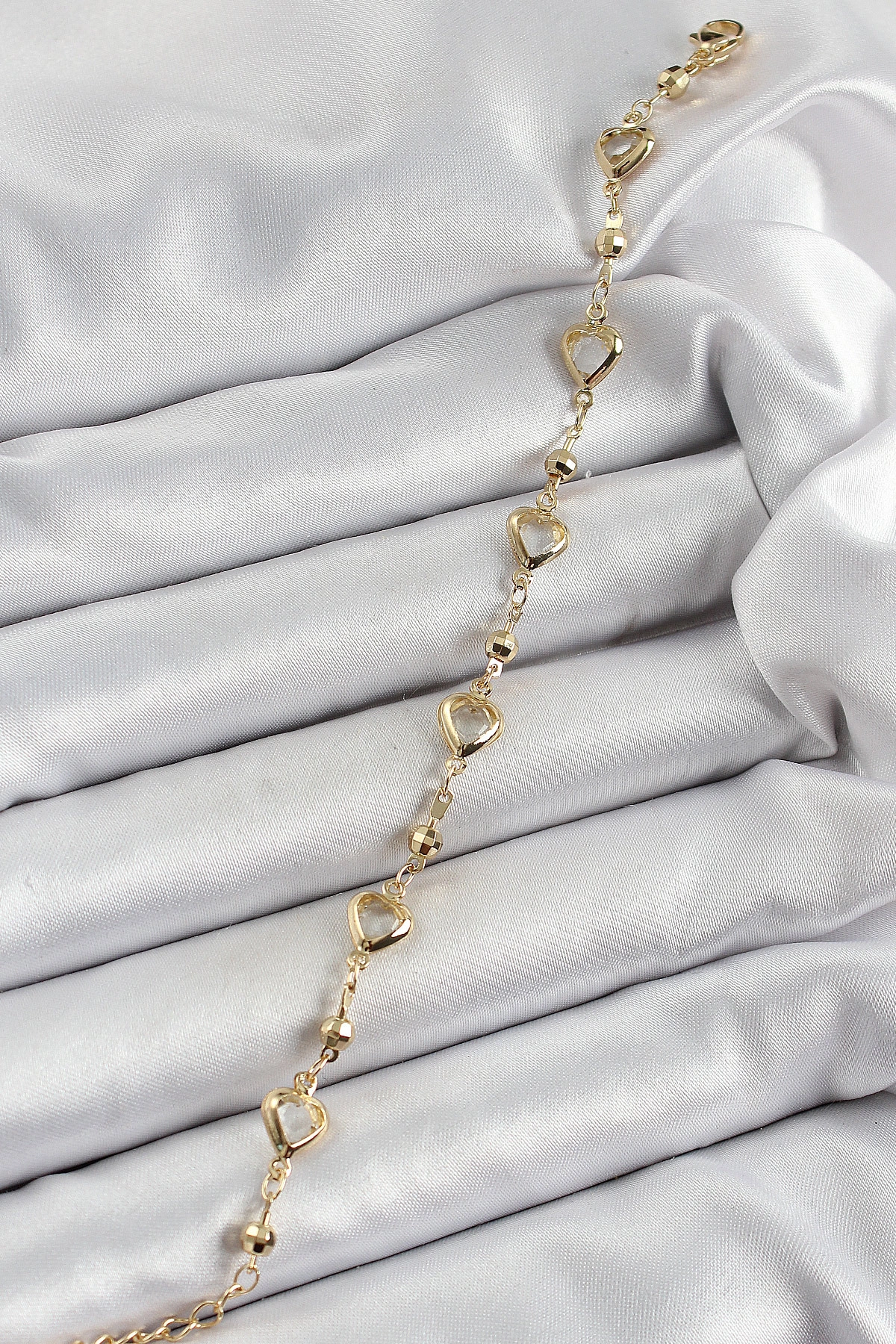 Pirinç Şeffaf Kalp Model Gold Renk Zirkon Taşlı Kadın Bileklik-1