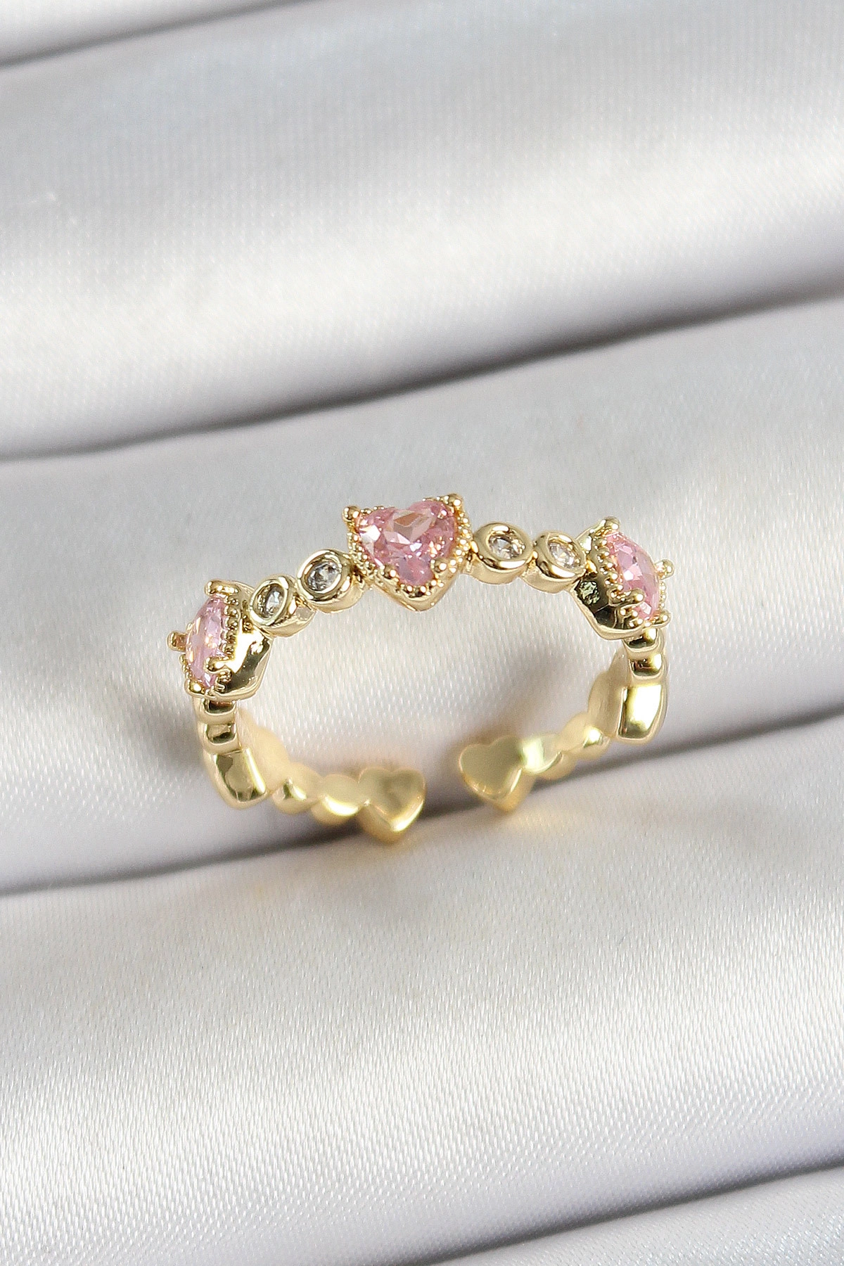 Pirinç Sıralı Kalp Figürlü Zirkon Taşlı Gold Renk Ayarlanabilir Kadın Yüzük-0