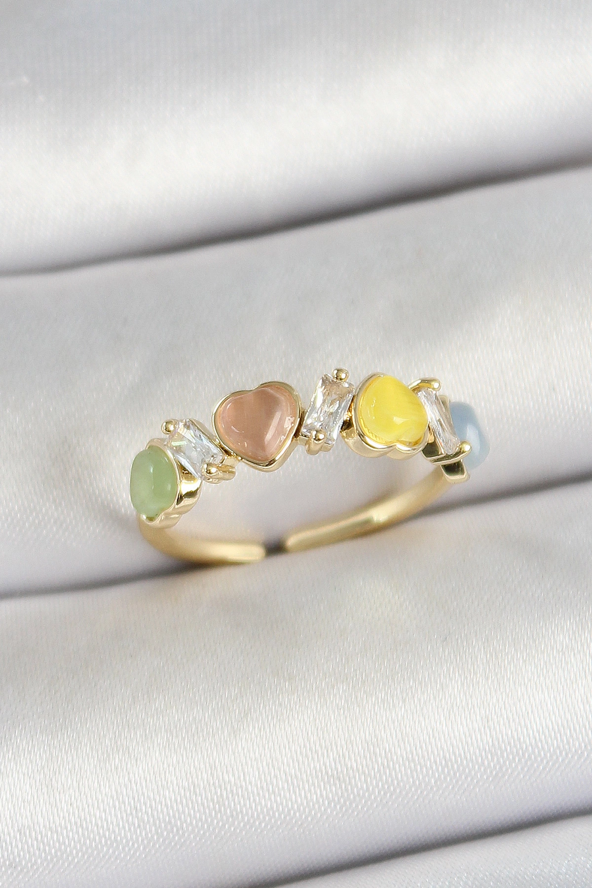 Pirinç Sıralı Kalp Figürlü Zirkon Taşlı Gold Renk Ayarlanabilir Kadın Yüzük-0