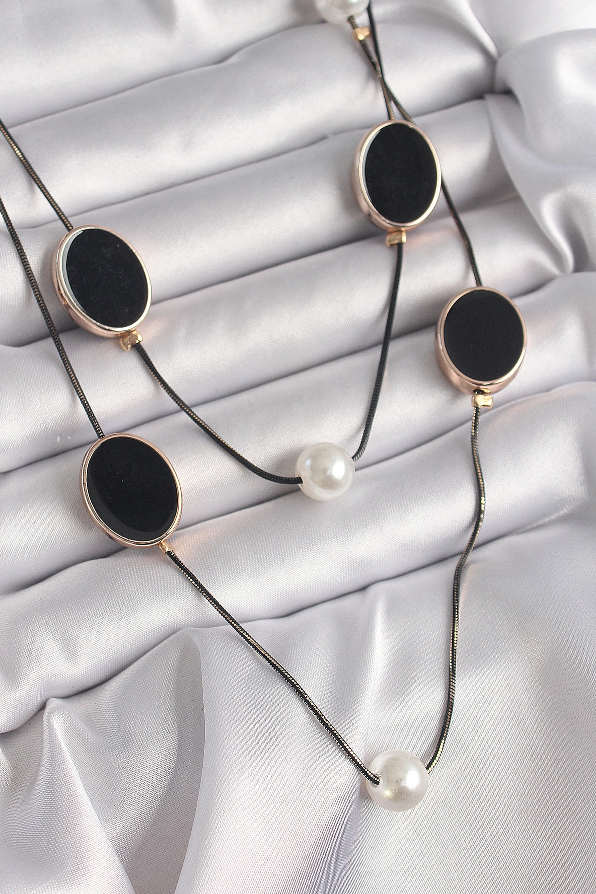Pirinç Siyah Renk Zincir İnci Detaylı Çoklu Kadın Kolye-0