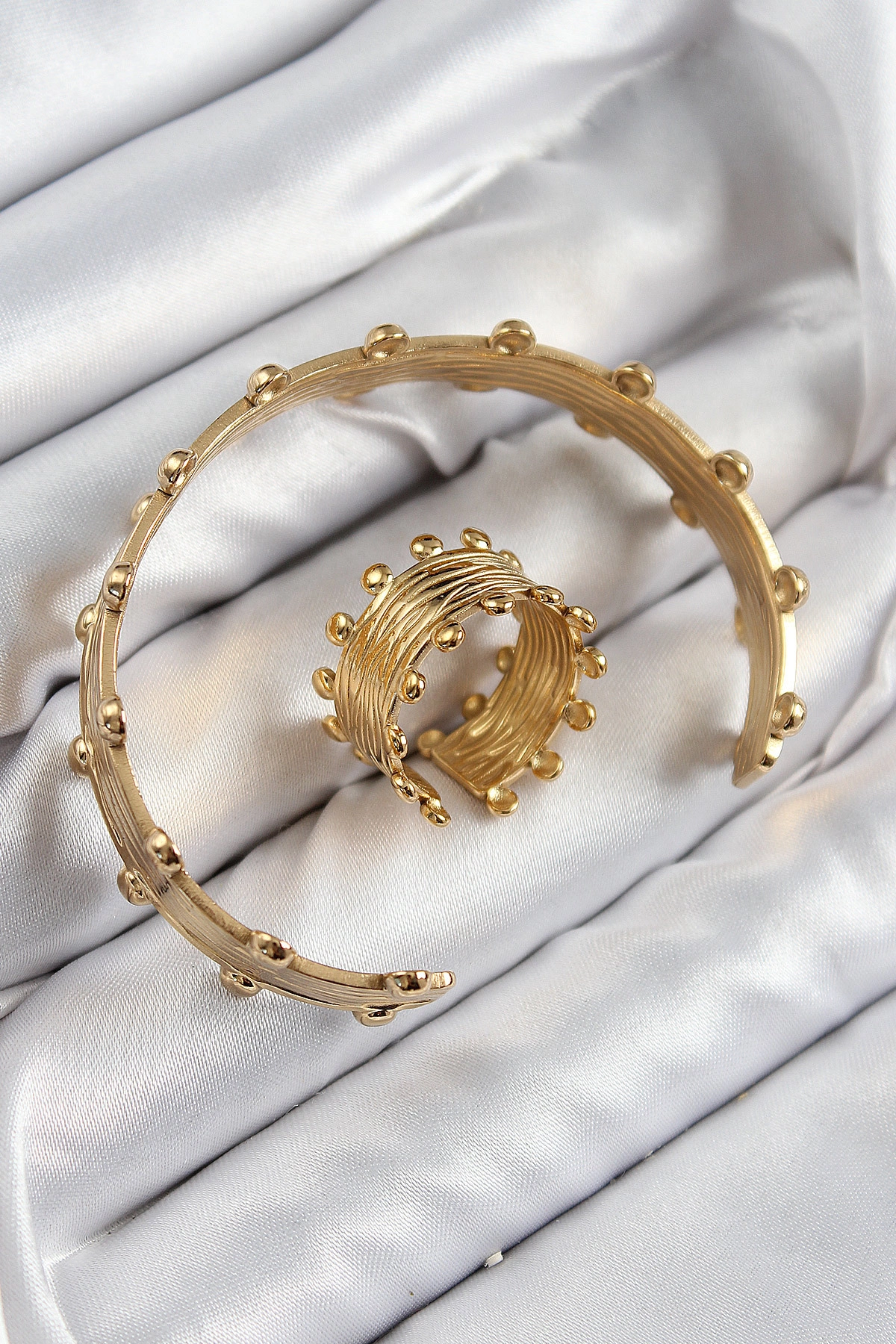 Pirinç Topcuk Model Gold Renk Bileklik Yüzük Set-1