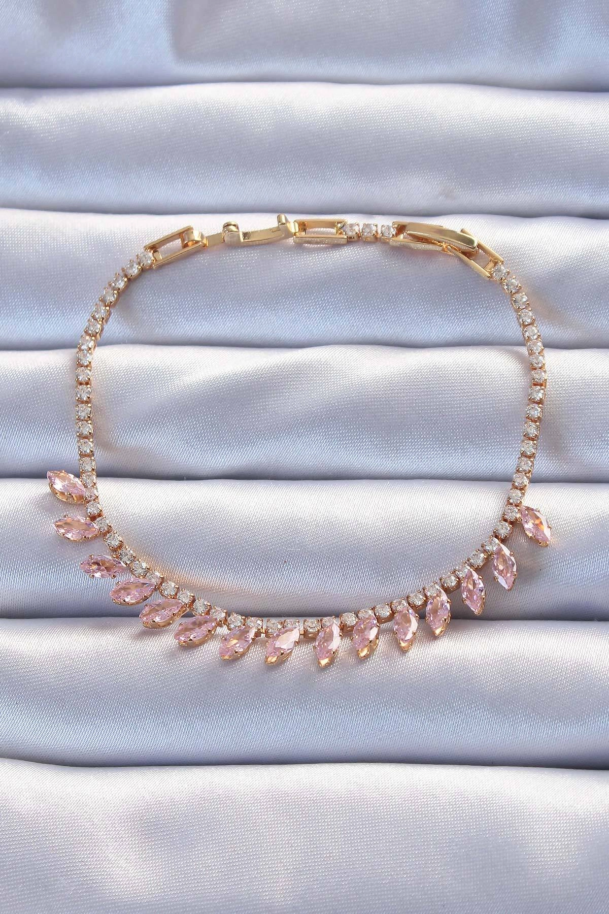 Pirinç Vip Seri Altın Renk Pembe Zirkon Taşlı Bileklik-0