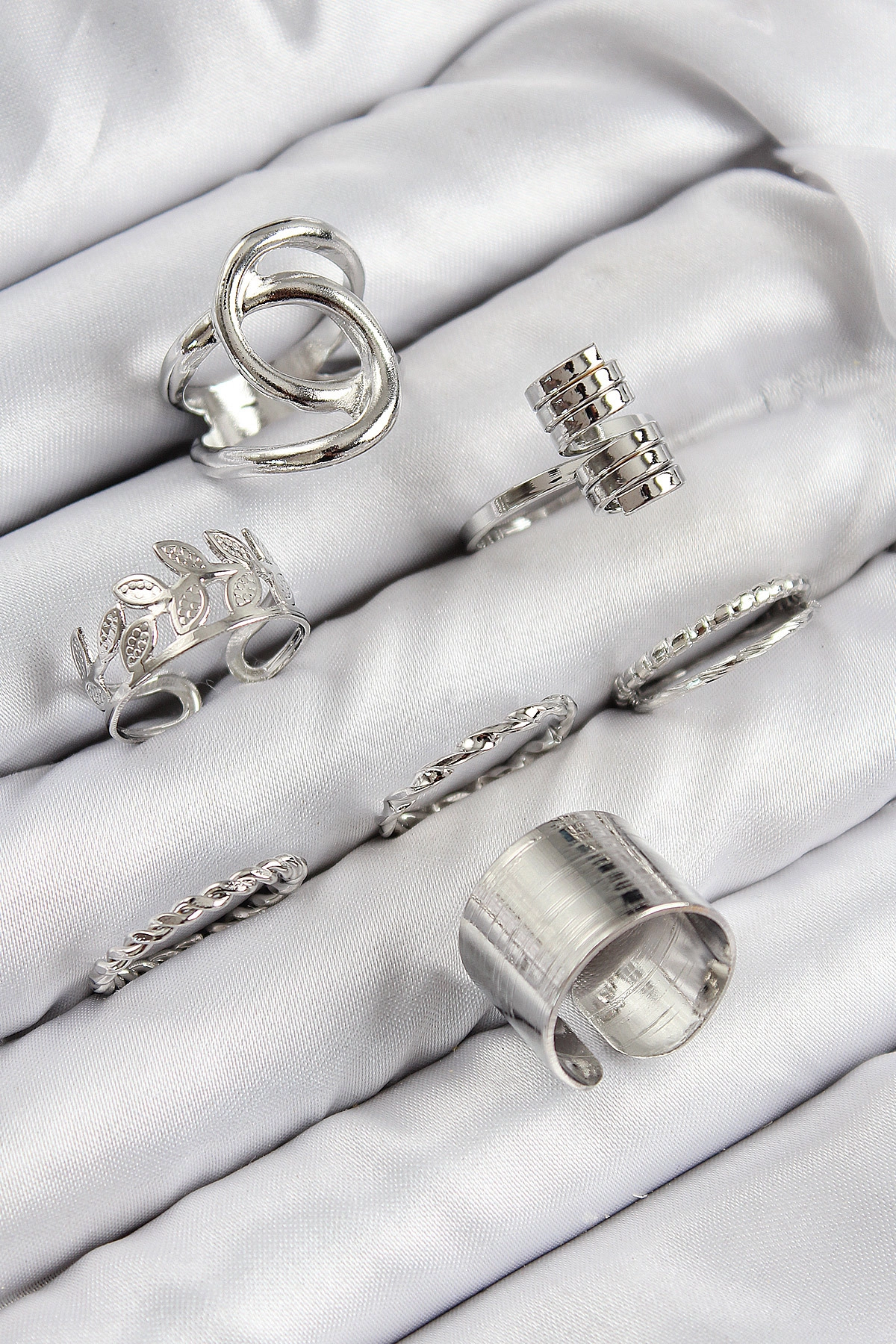 Pirinç Yaprak Model Gümüş Renk Kadın Yüzük Kombin Set-0