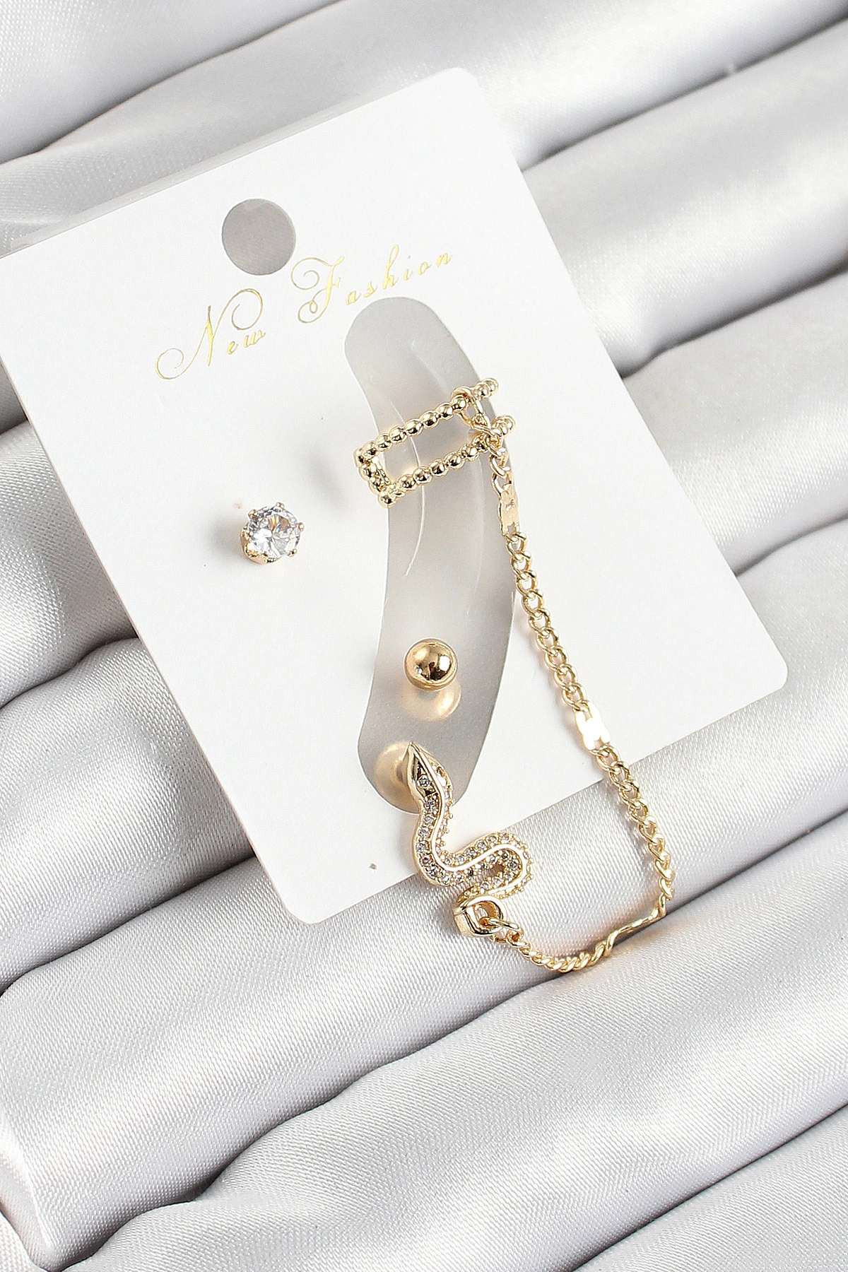 Pirinç Yılan Figürlü Zirkon Taşlı Gold Renk 3'lü Kıkırdak Kadın Küpe Set-0