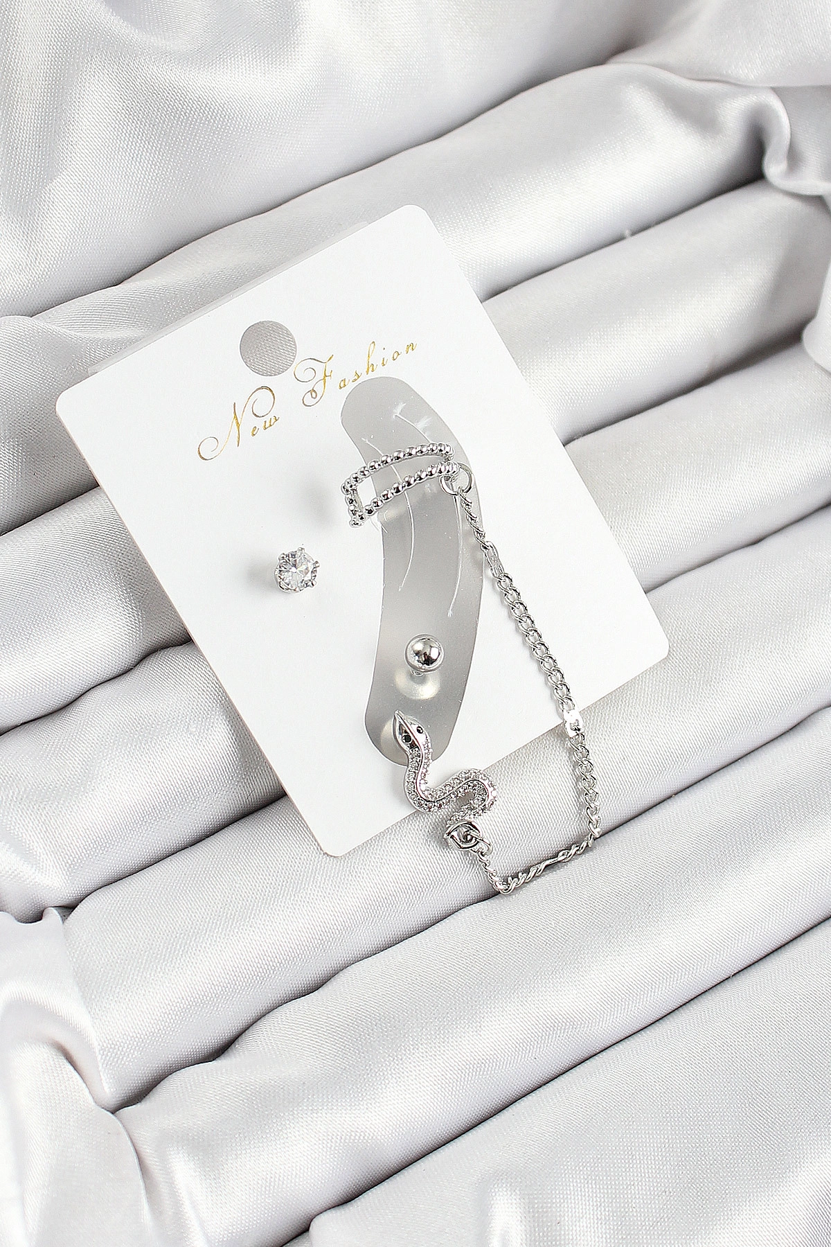 Pirinç Yılan Figürlü Zirkon Taşlı Gümüş Renk 3'lü Kıkırdak Kadın Küpe Set-0