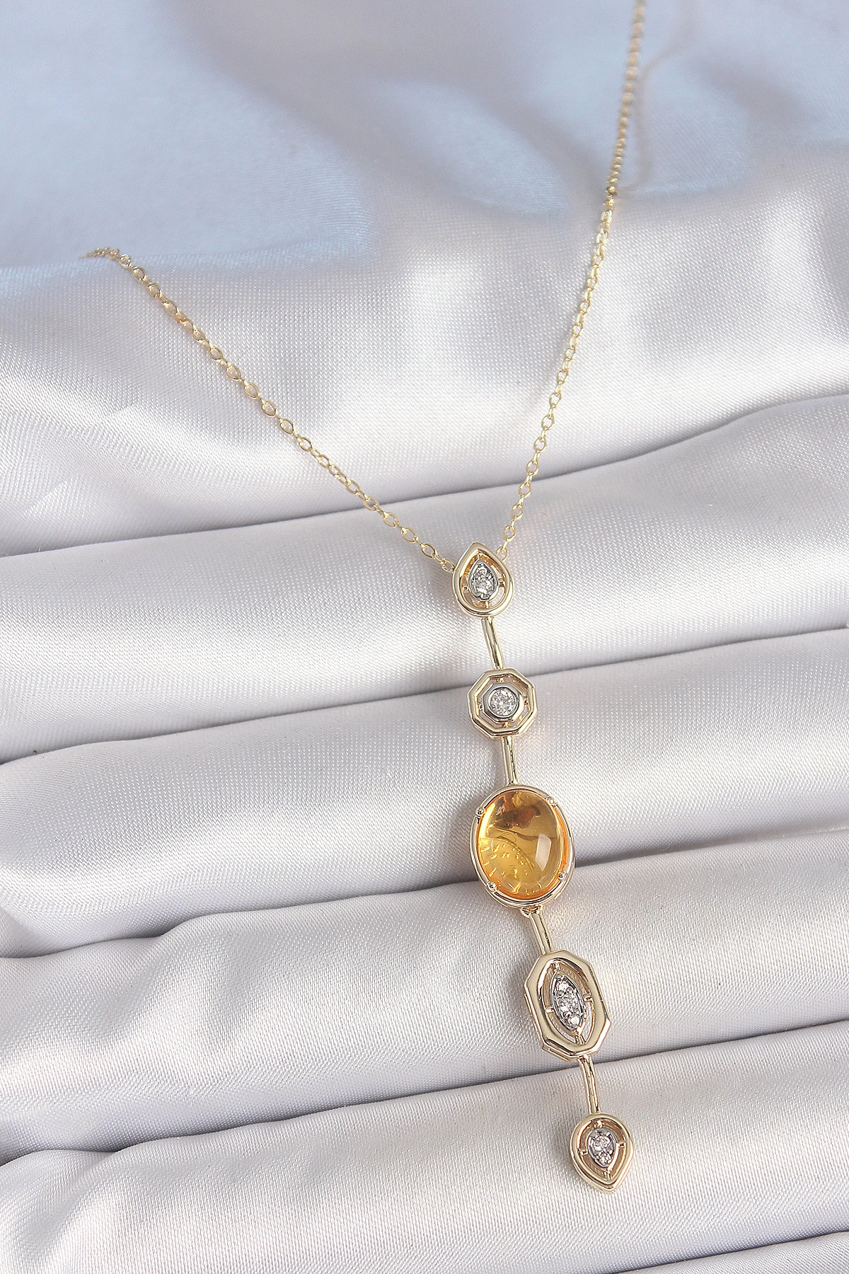 Pirinç Zincir Kehribar Sarı Gold Renk Zirkon Taşlı Y Kolye-0